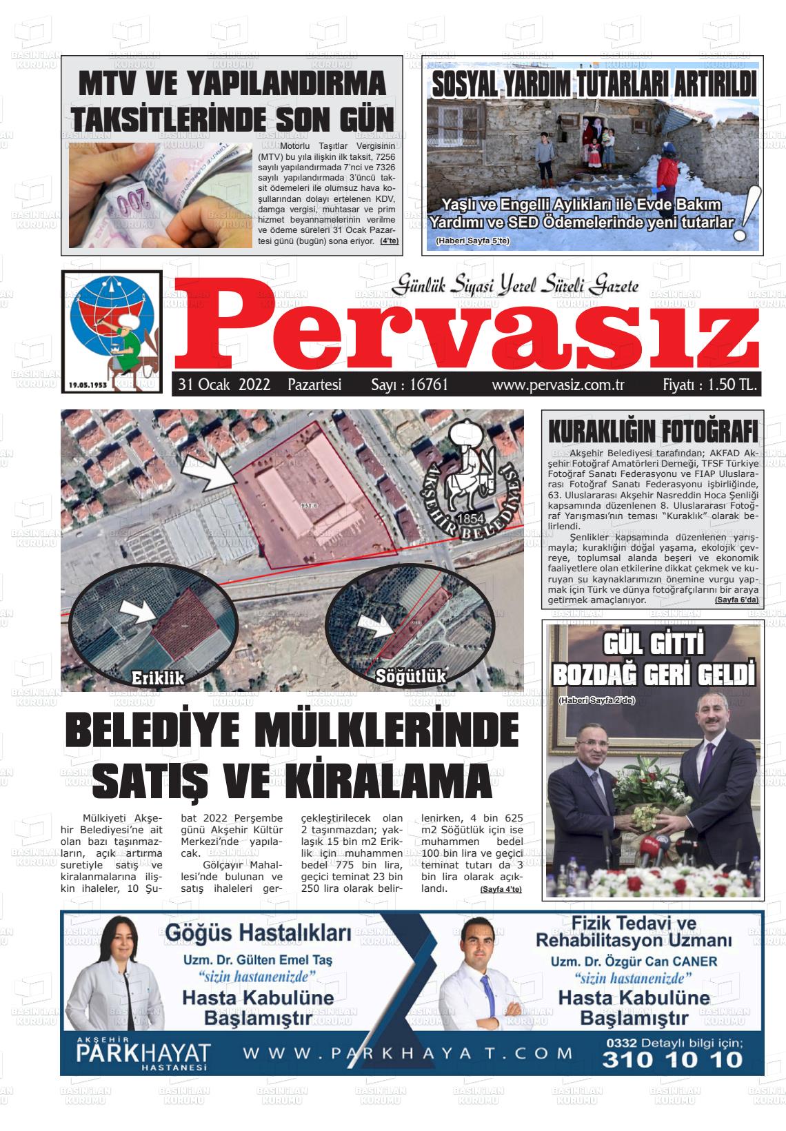 31 Ocak 2022 Konya Pervasız Gazete Manşeti