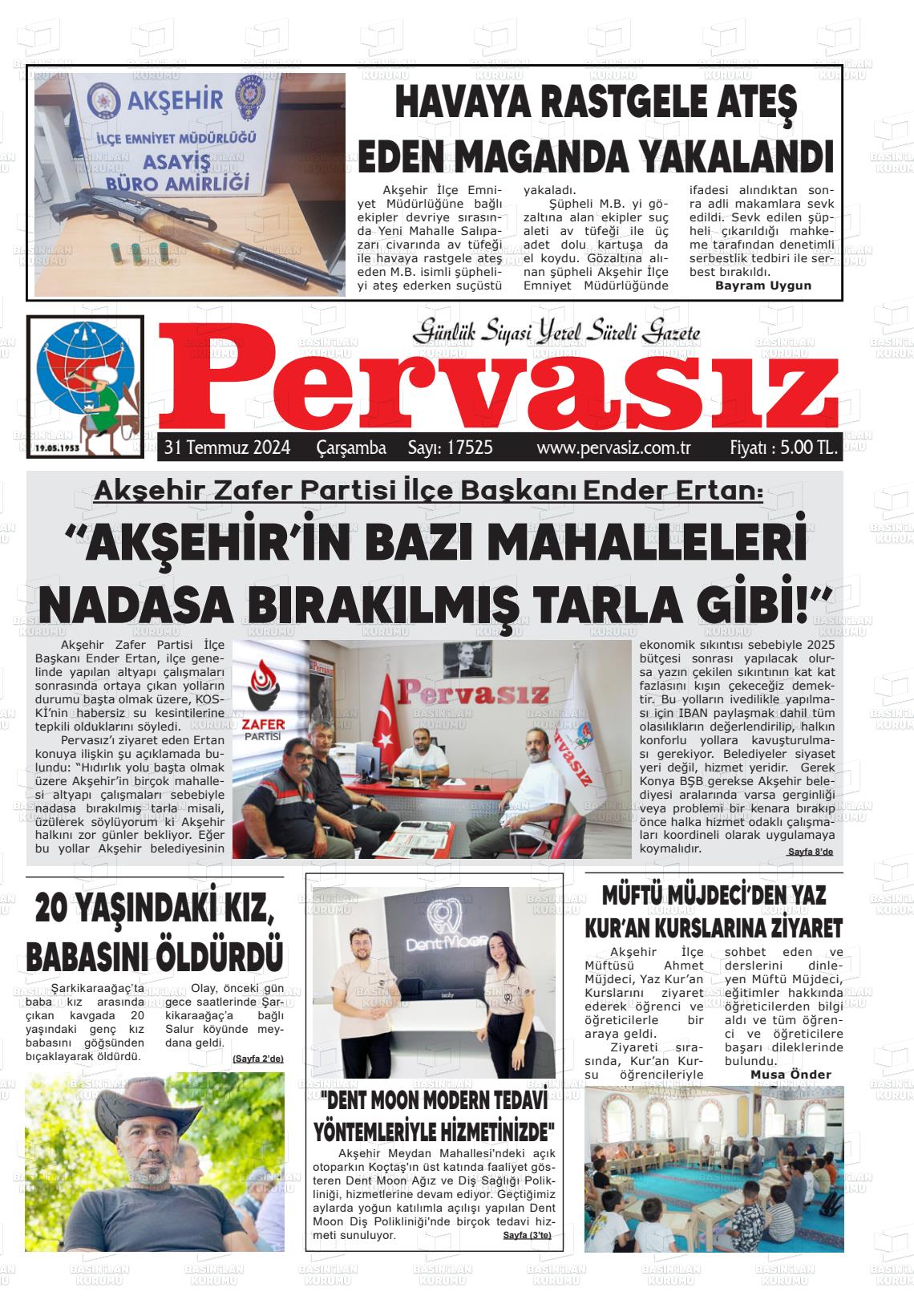 31 Temmuz 2024 Konya Pervasız Gazete Manşeti