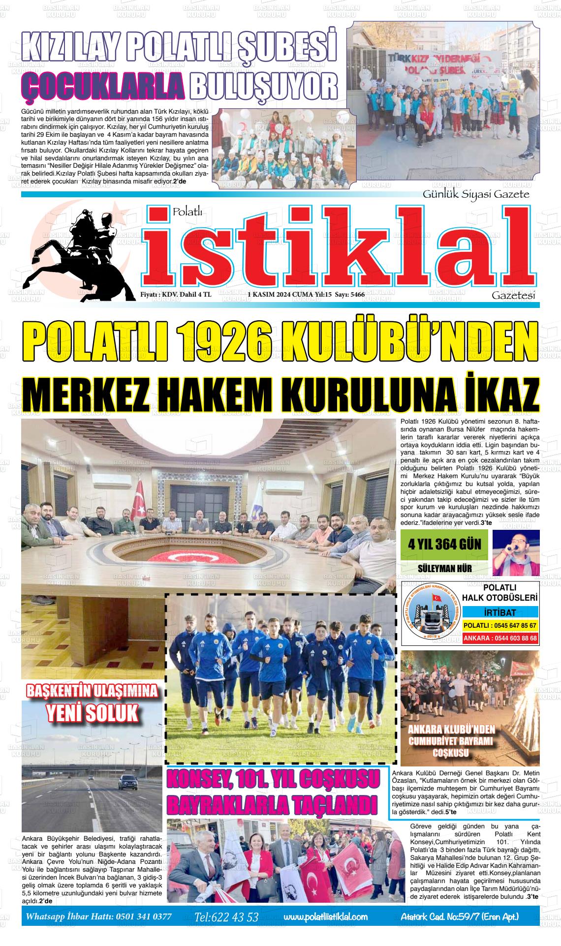 01 Kasım 2024 Polatlı İstiklal Gazete Manşeti