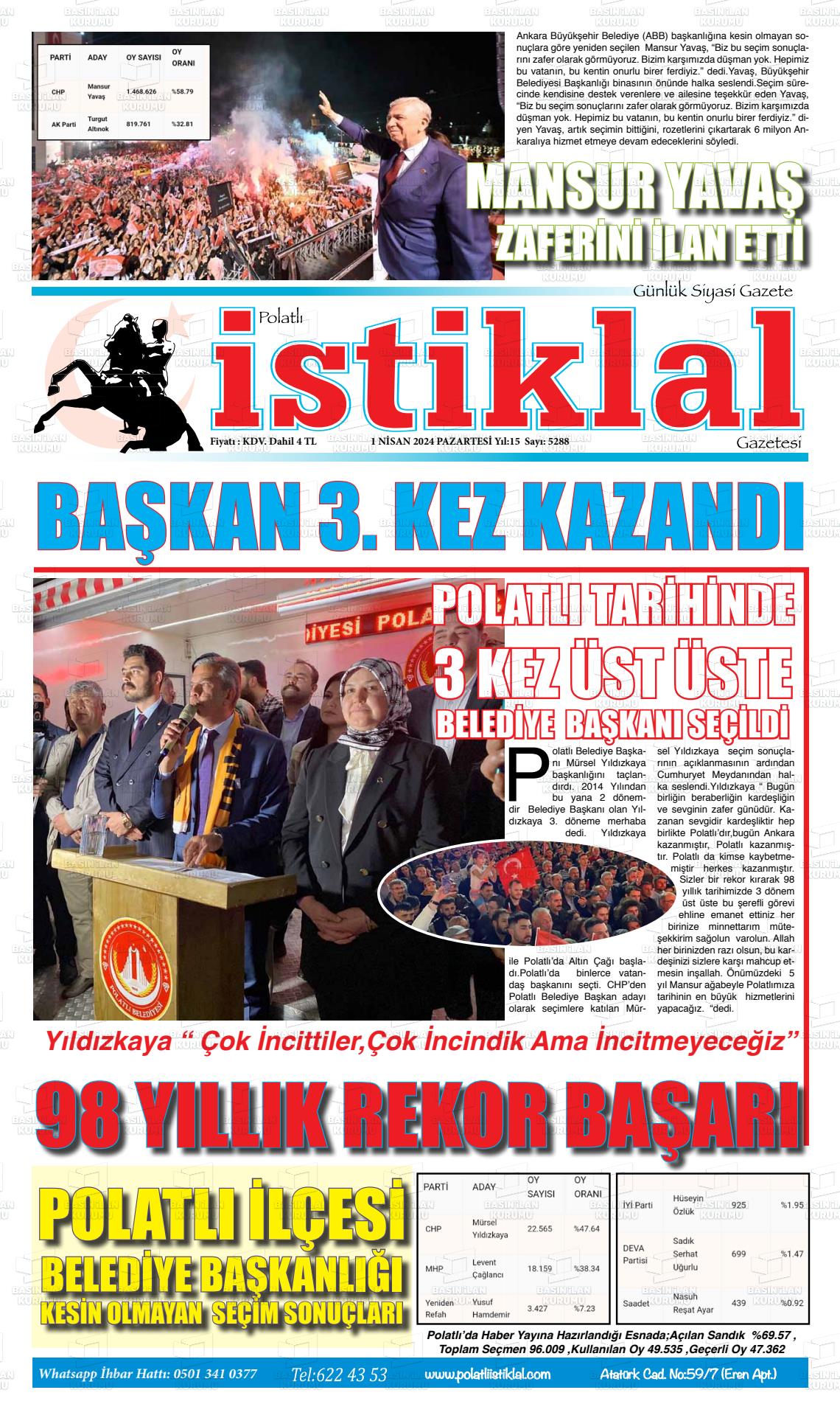 01 Nisan 2024 Polatlı İstiklal Gazete Manşeti