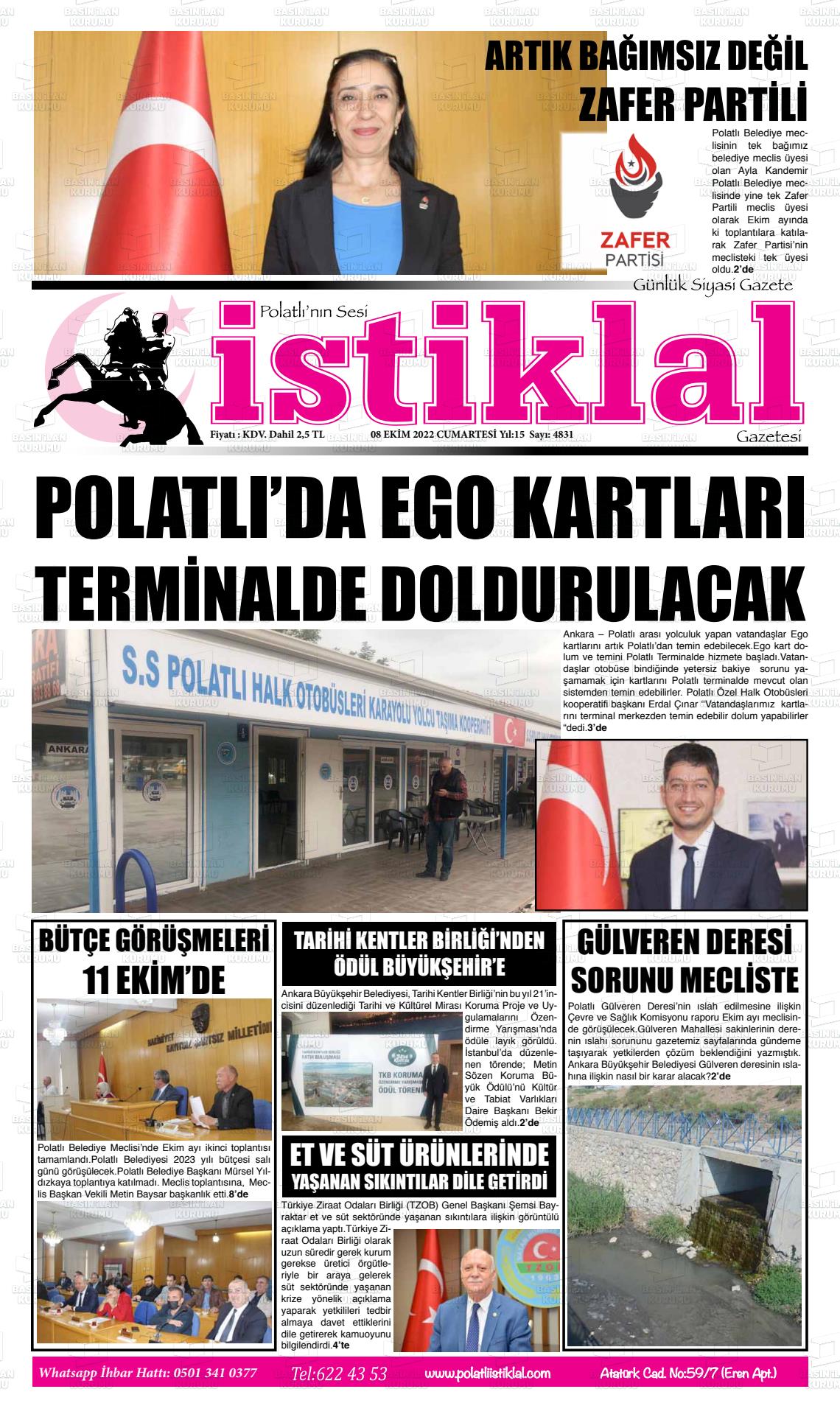 08 Ekim 2022 Polatlı İstiklal Gazete Manşeti