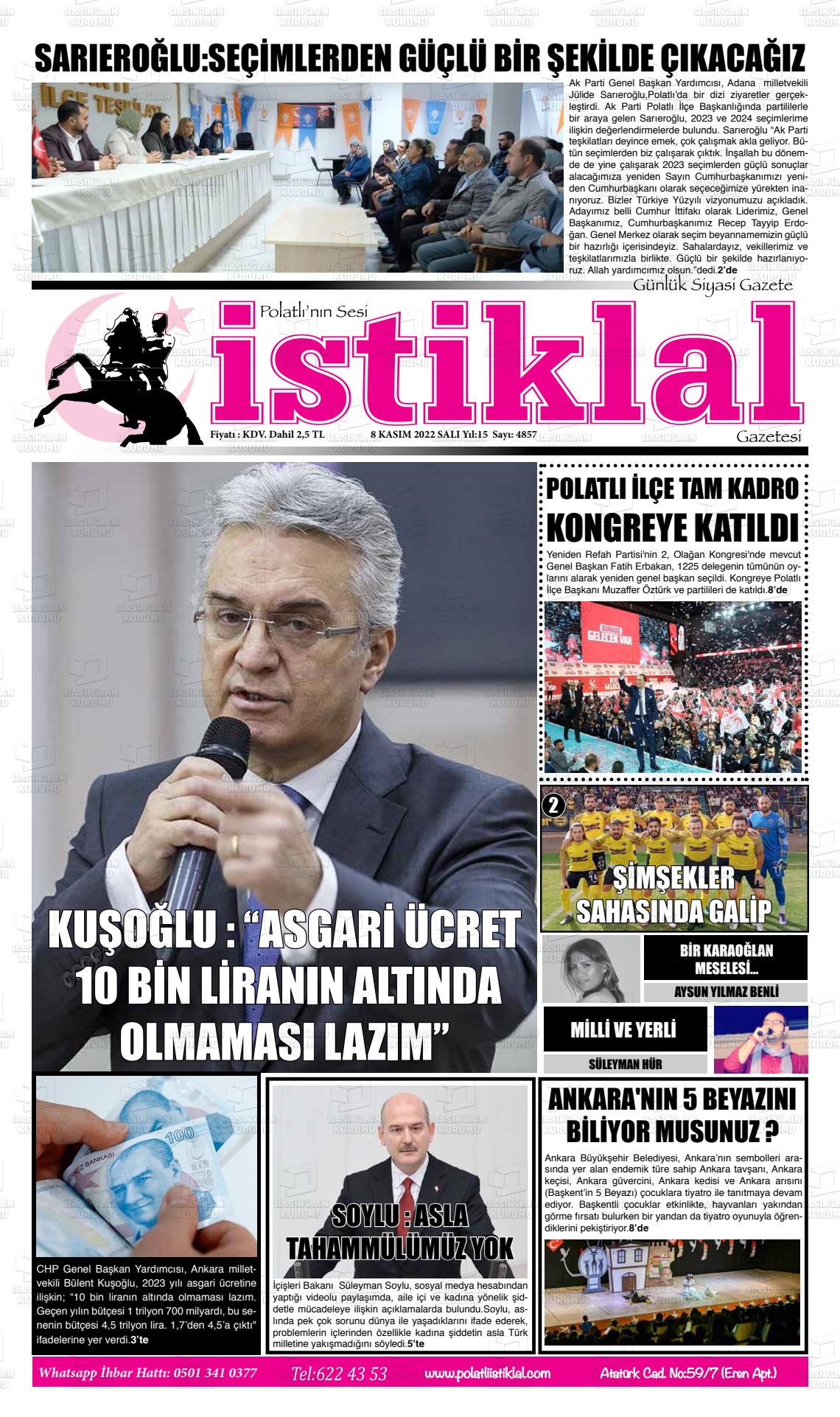 09 Kasım 2022 Polatlı İstiklal Gazete Manşeti