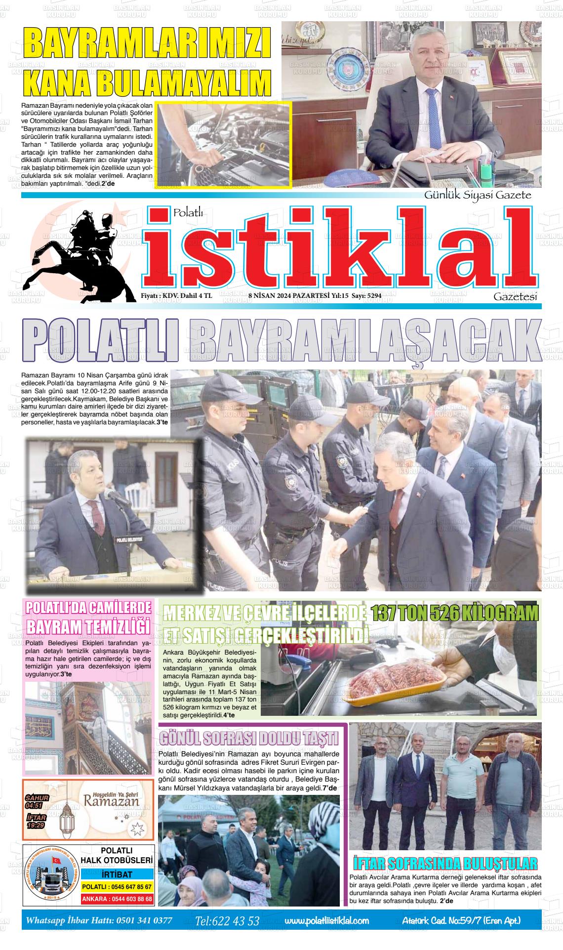 08 Nisan 2024 Polatlı İstiklal Gazete Manşeti