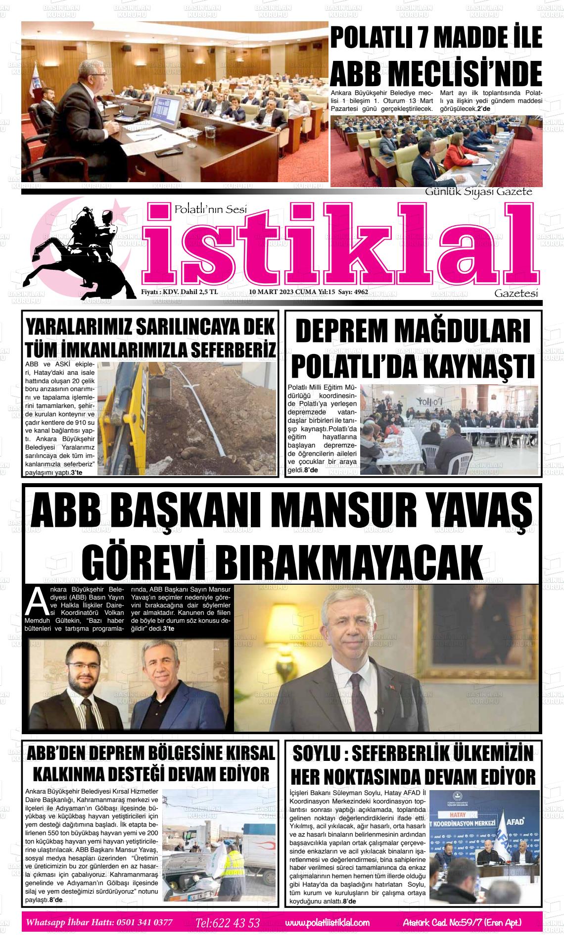 10 Mart 2023 Polatlı İstiklal Gazete Manşeti