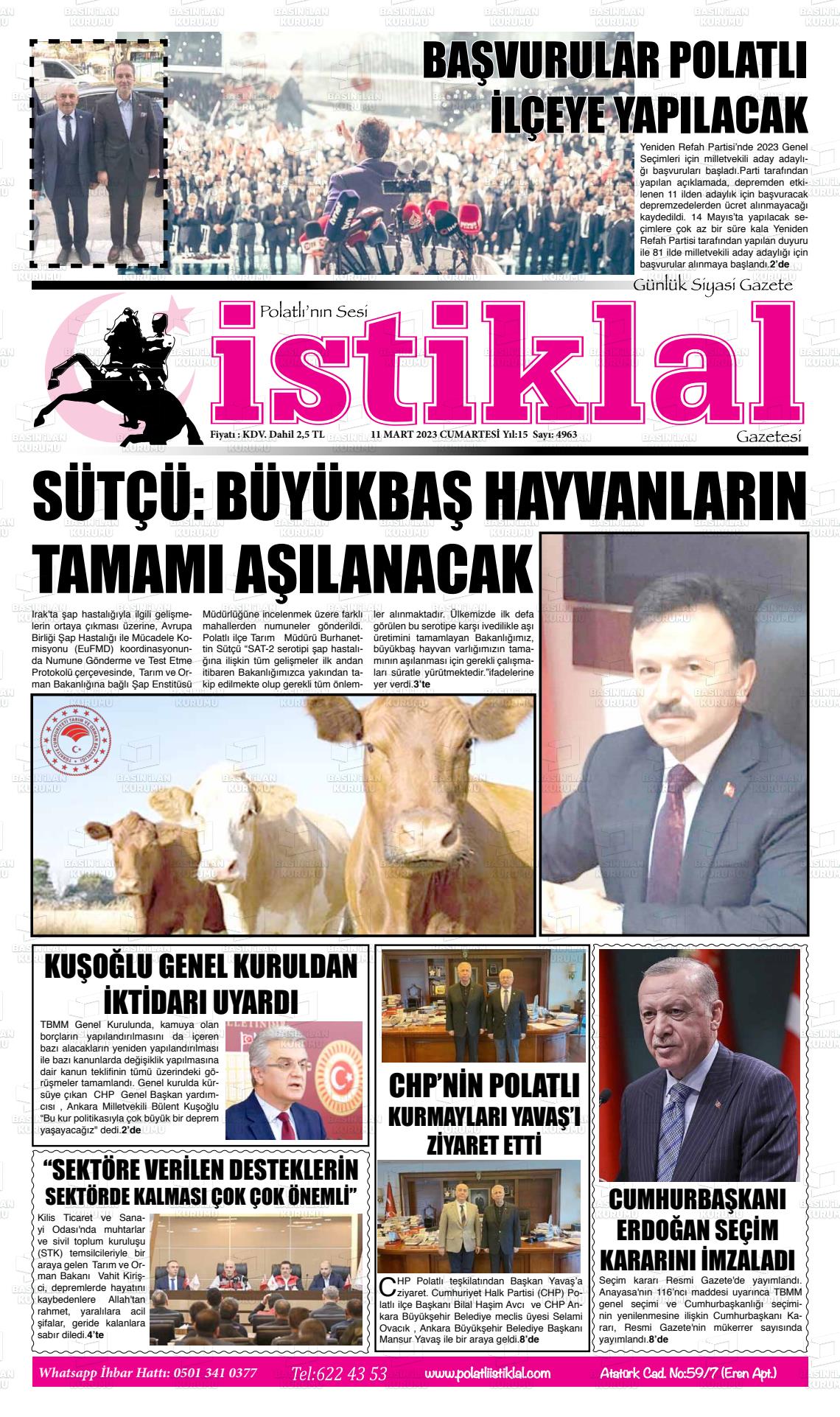 11 Mart 2023 Polatlı İstiklal Gazete Manşeti