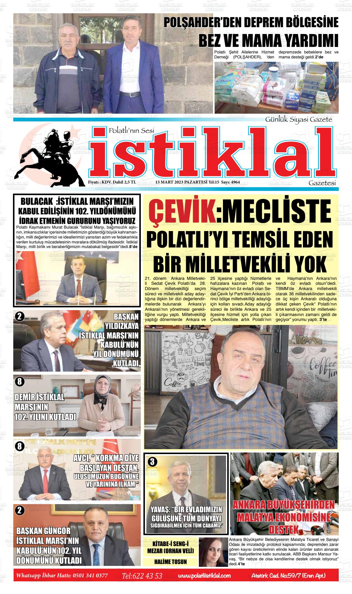 13 Mart 2023 Polatlı İstiklal Gazete Manşeti