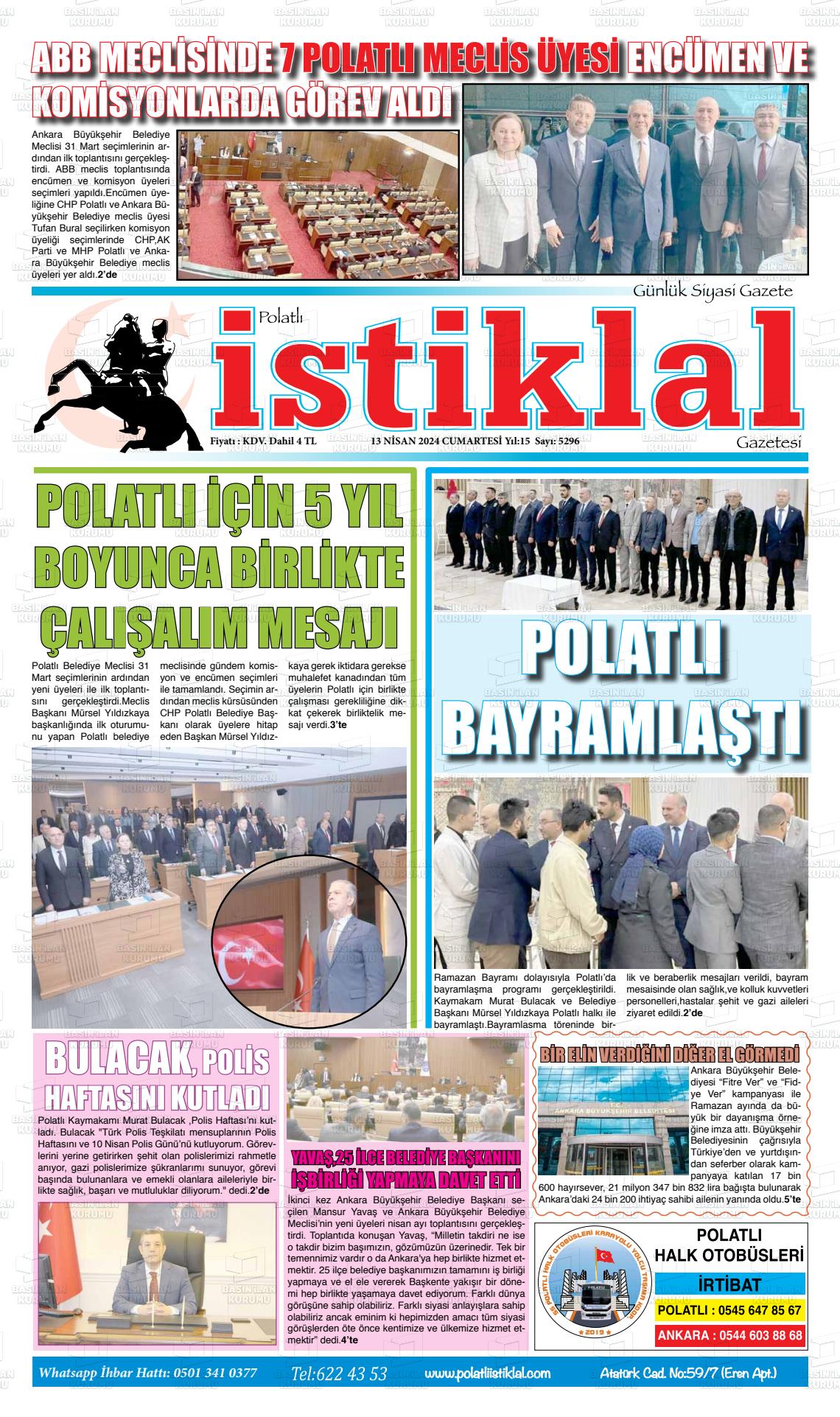 13 Nisan 2024 Polatlı İstiklal Gazete Manşeti