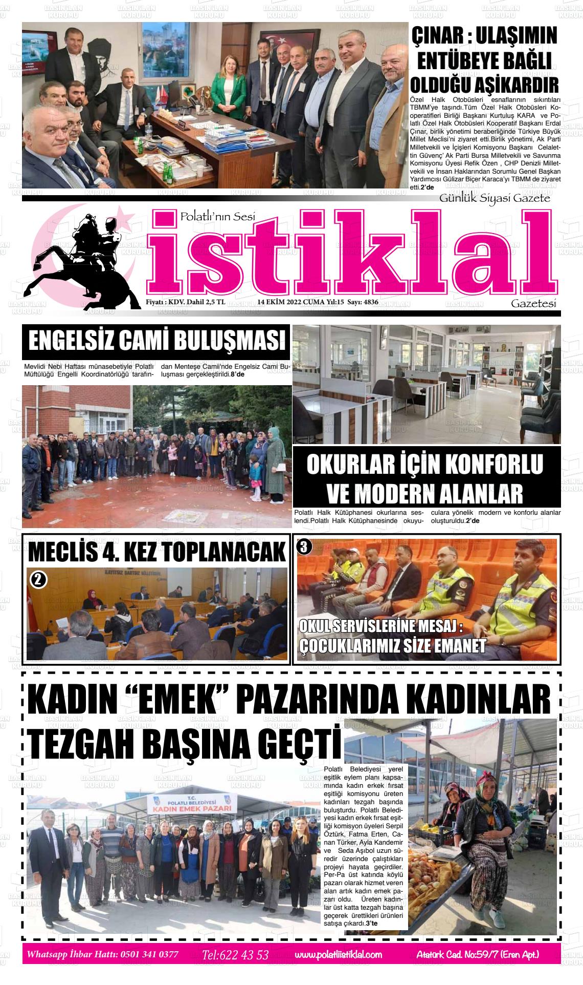 14 Ekim 2022 Polatlı İstiklal Gazete Manşeti