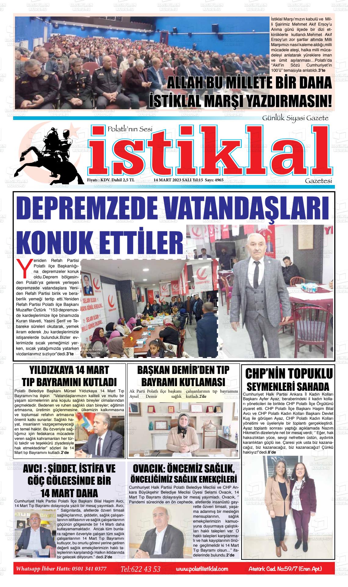 14 Mart 2023 Polatlı İstiklal Gazete Manşeti