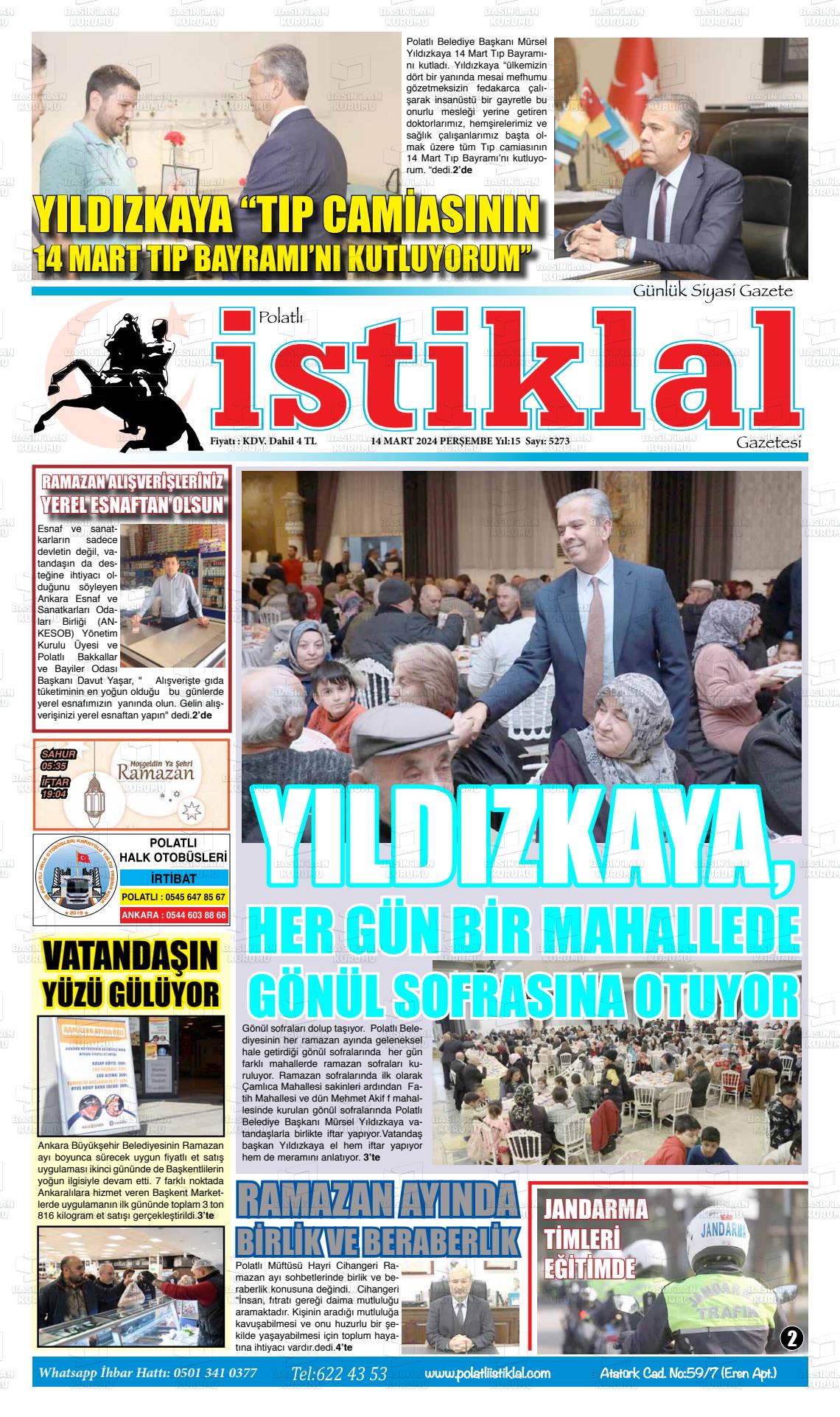 14 Mart 2024 Polatlı İstiklal Gazete Manşeti