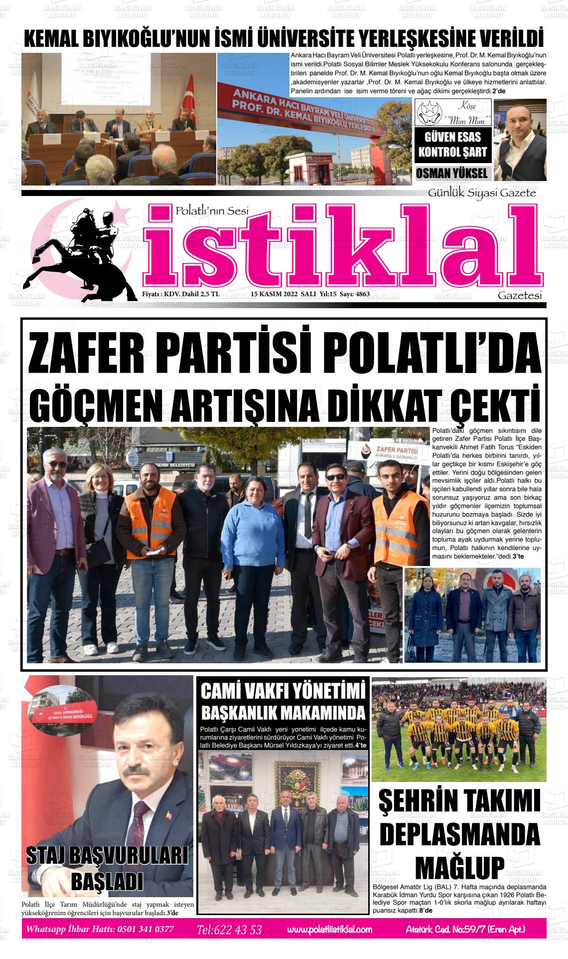 15 Kasım 2022 Polatlı İstiklal Gazete Manşeti