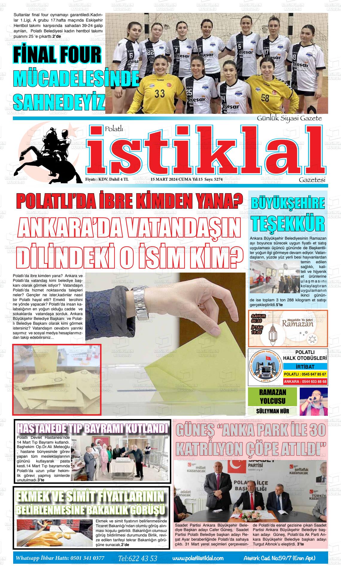 15 Mart 2024 Polatlı İstiklal Gazete Manşeti