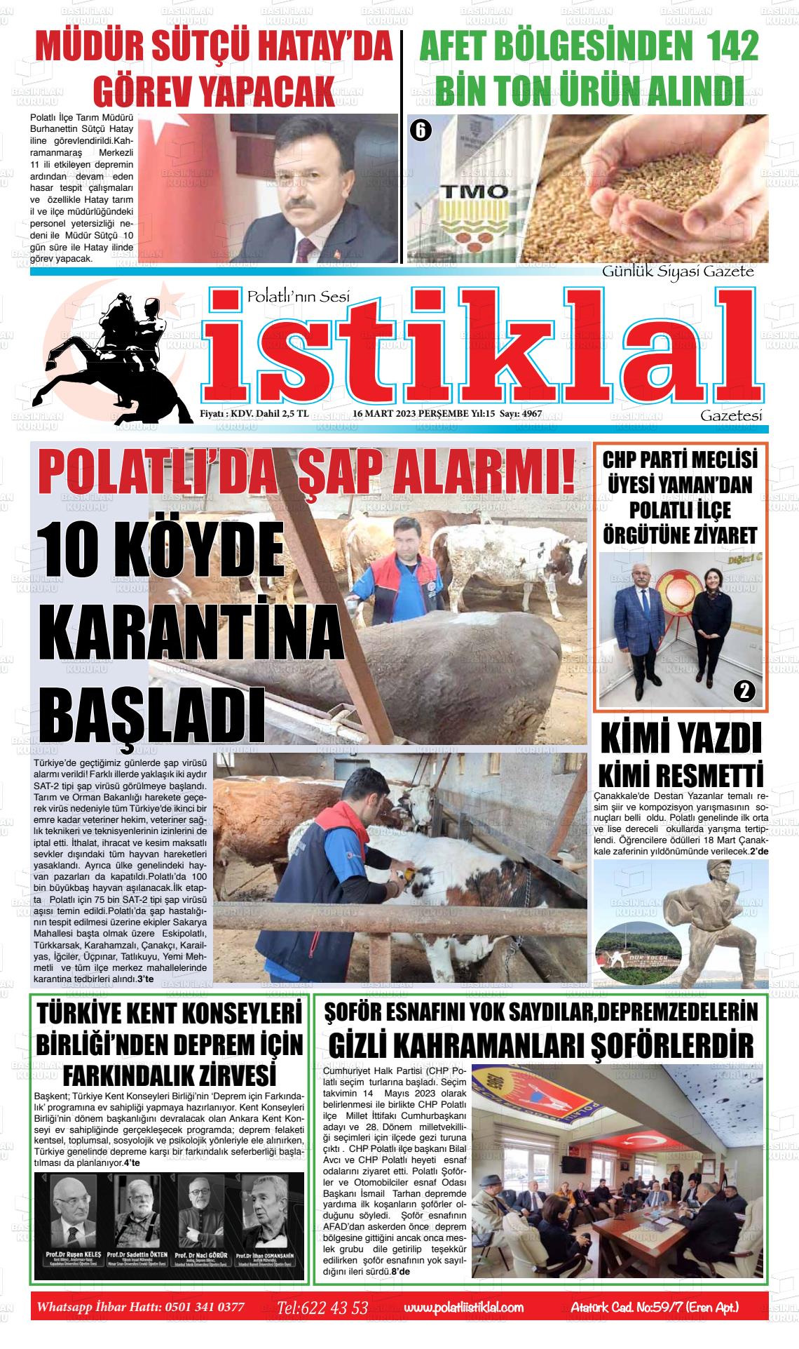 16 Mart 2023 Polatlı İstiklal Gazete Manşeti