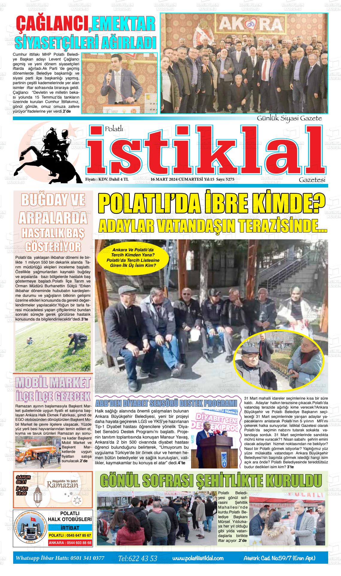 16 Mart 2024 Polatlı İstiklal Gazete Manşeti