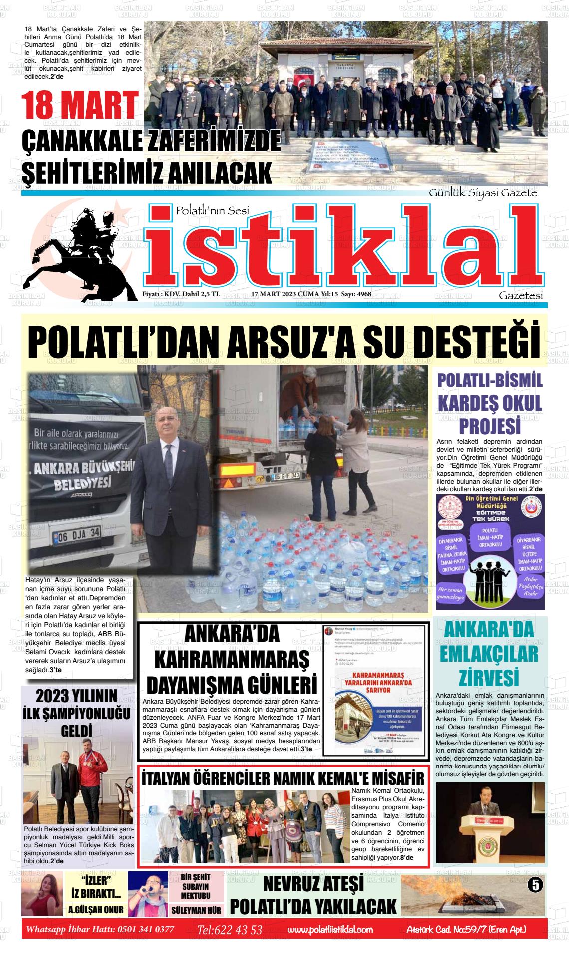 17 Mart 2023 Polatlı İstiklal Gazete Manşeti