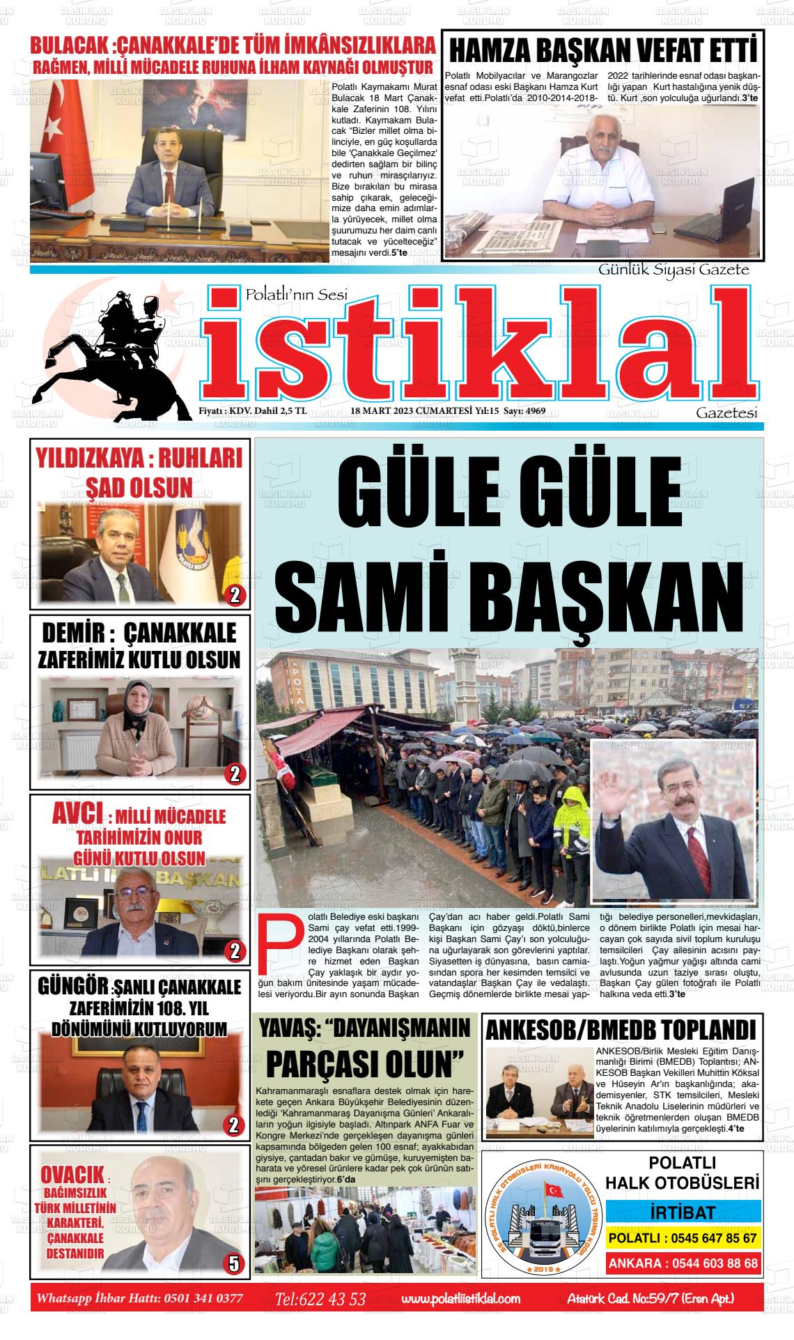 18 Mart 2023 Polatlı İstiklal Gazete Manşeti