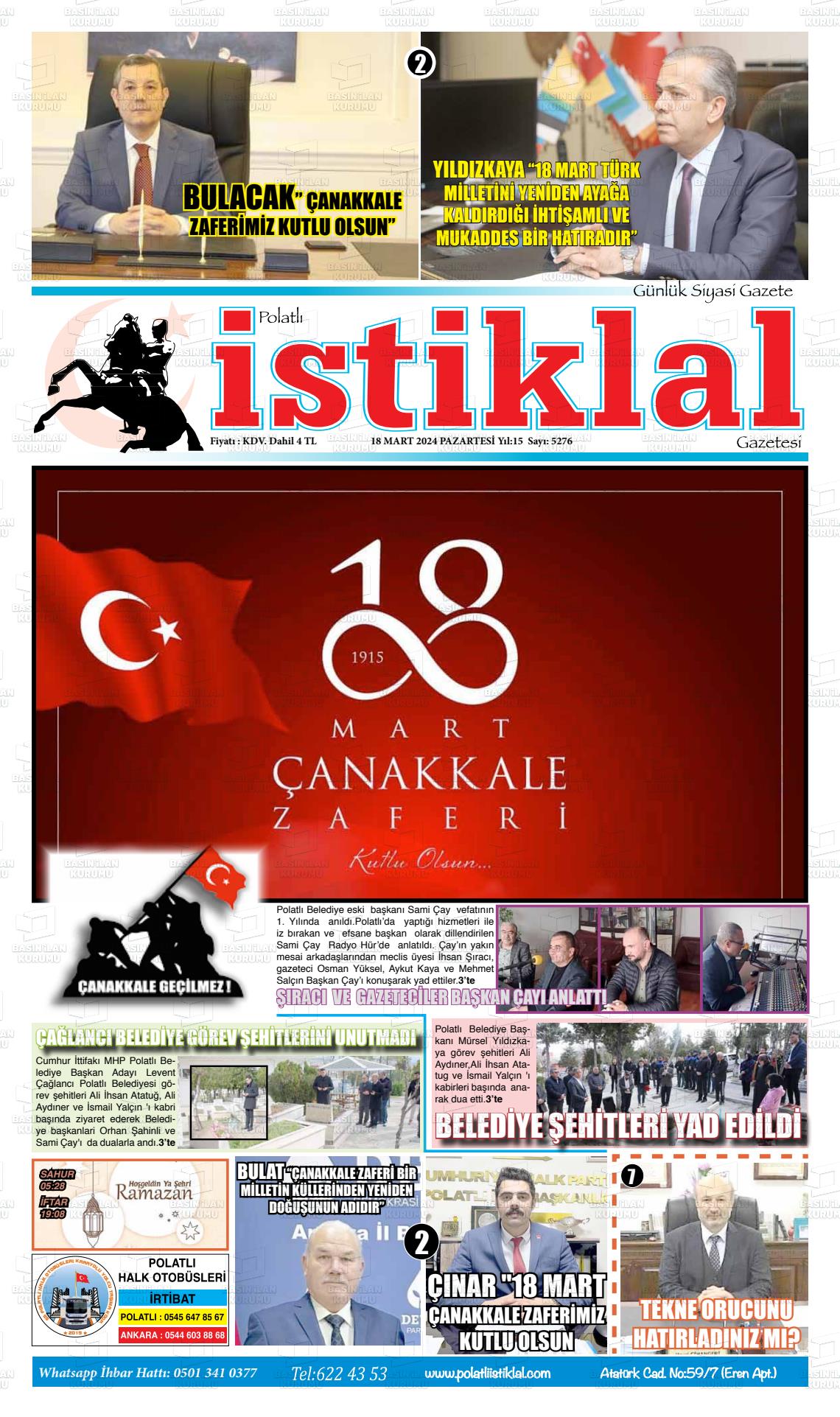 18 Mart 2024 Polatlı İstiklal Gazete Manşeti