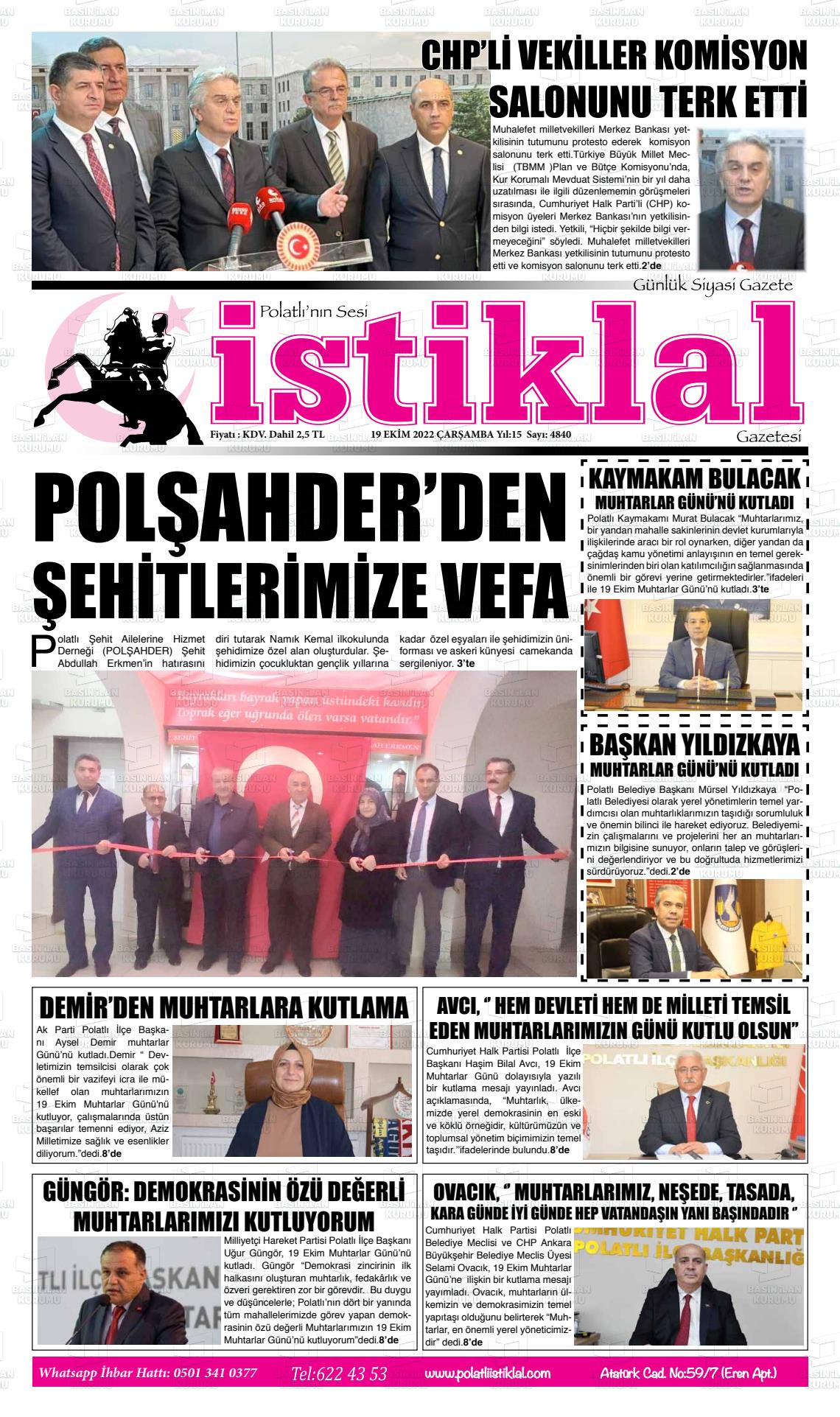 19 Ekim 2022 Polatlı İstiklal Gazete Manşeti