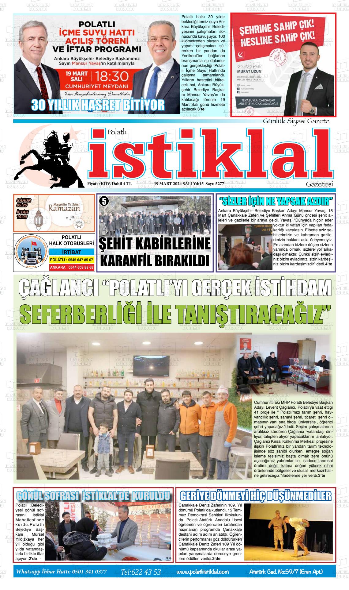 19 Mart 2024 Polatlı İstiklal Gazete Manşeti