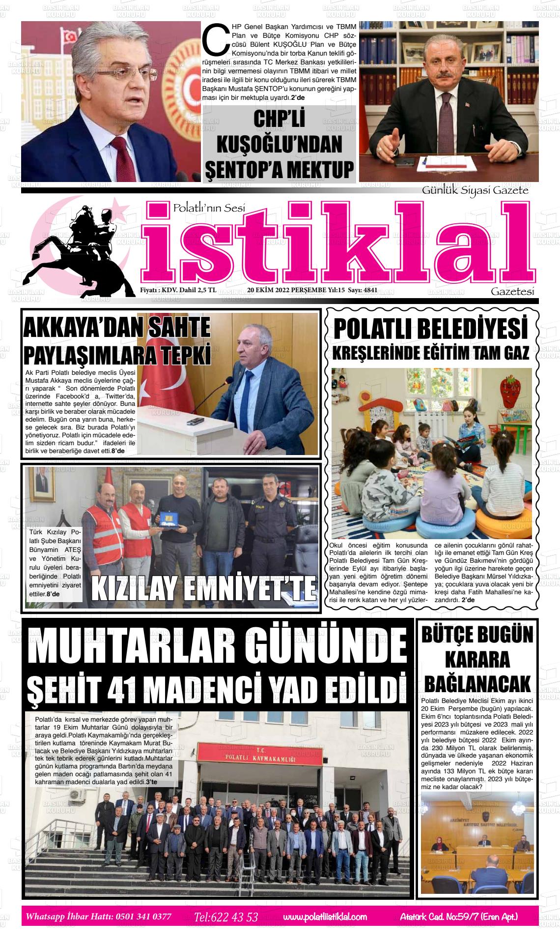 20 Ekim 2022 Polatlı İstiklal Gazete Manşeti