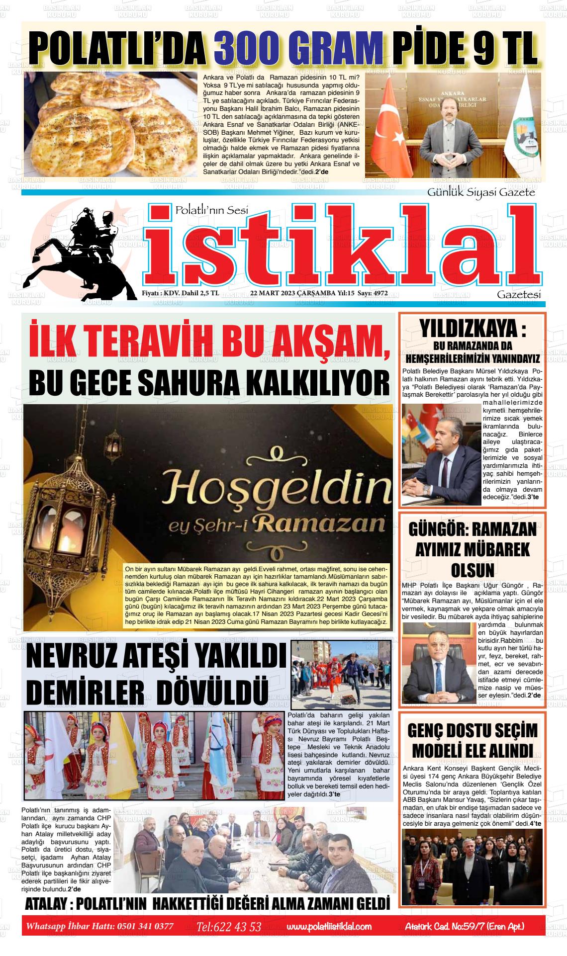 22 Mart 2023 Polatlı İstiklal Gazete Manşeti