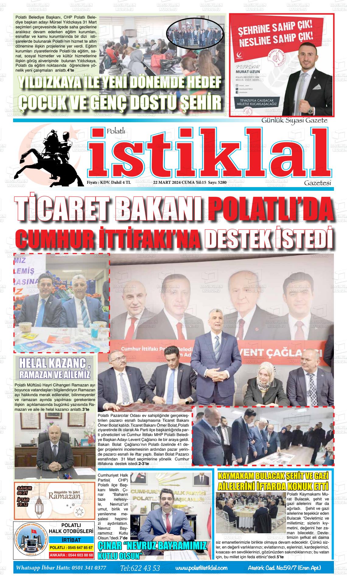 22 Mart 2024 Polatlı İstiklal Gazete Manşeti