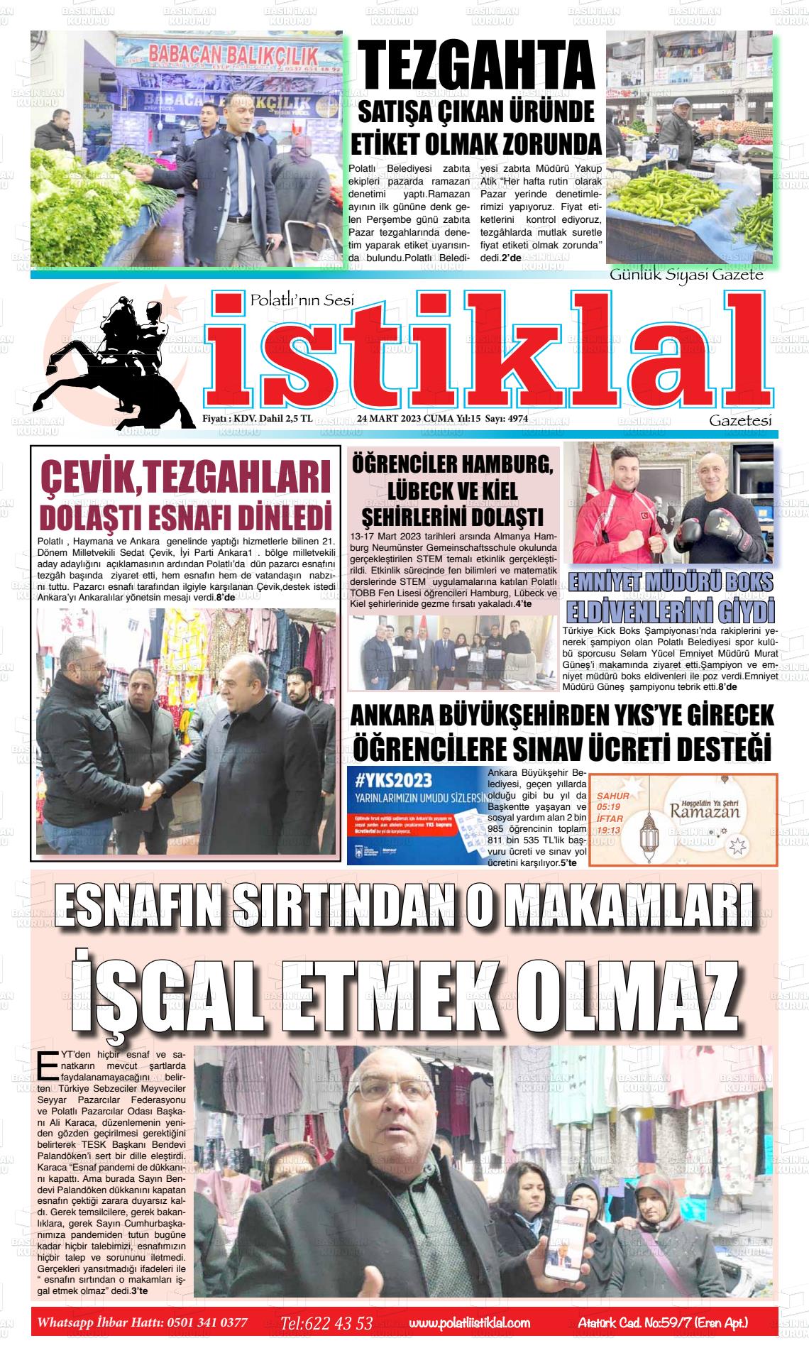 24 Mart 2023 Polatlı İstiklal Gazete Manşeti