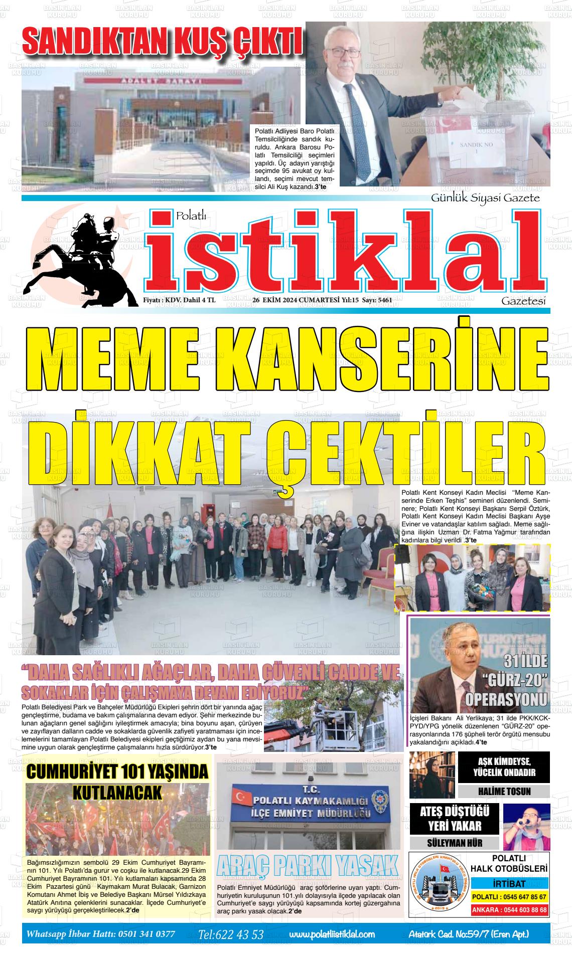 26 Ekim 2024 Polatlı İstiklal Gazete Manşeti