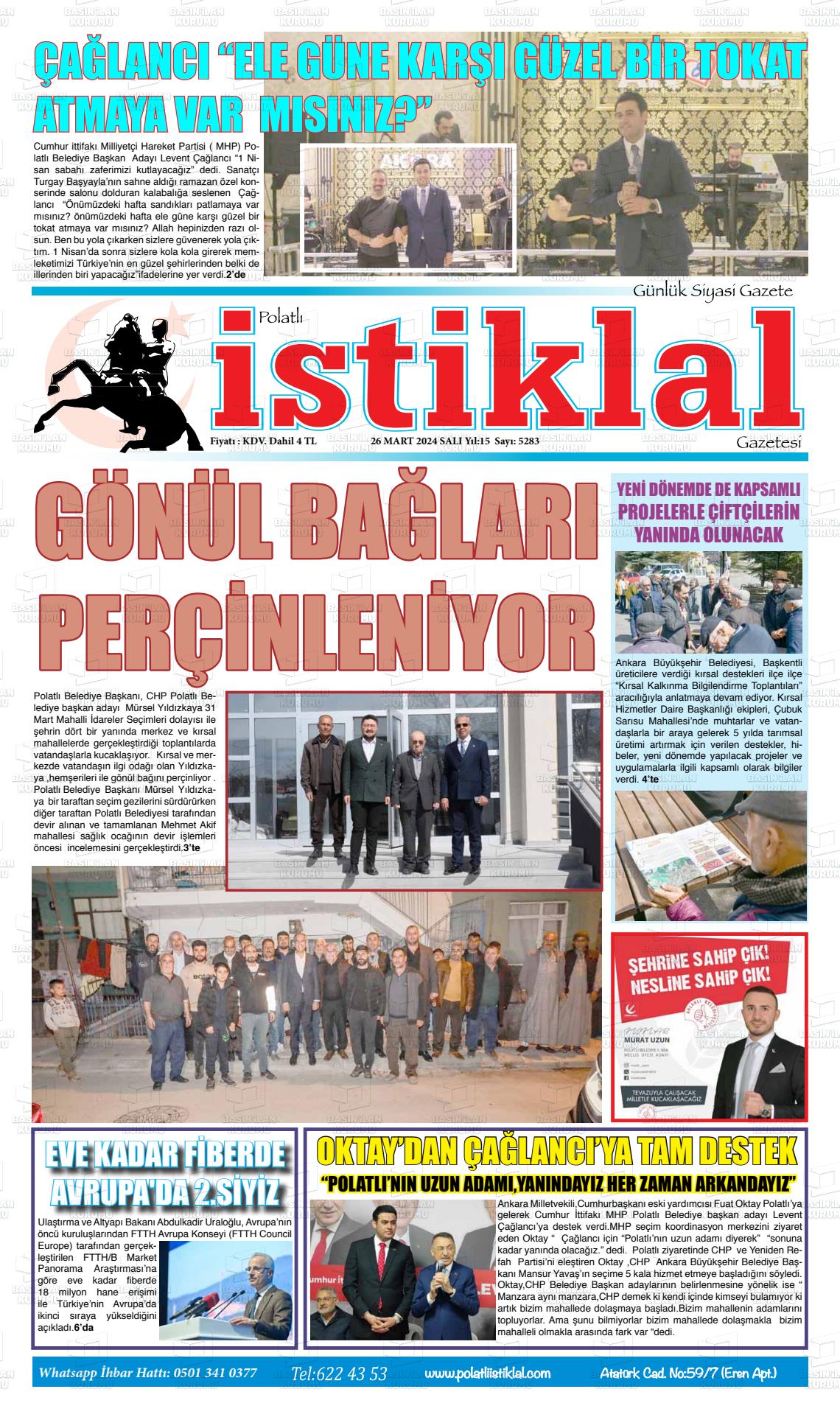 26 Mart 2024 Polatlı İstiklal Gazete Manşeti