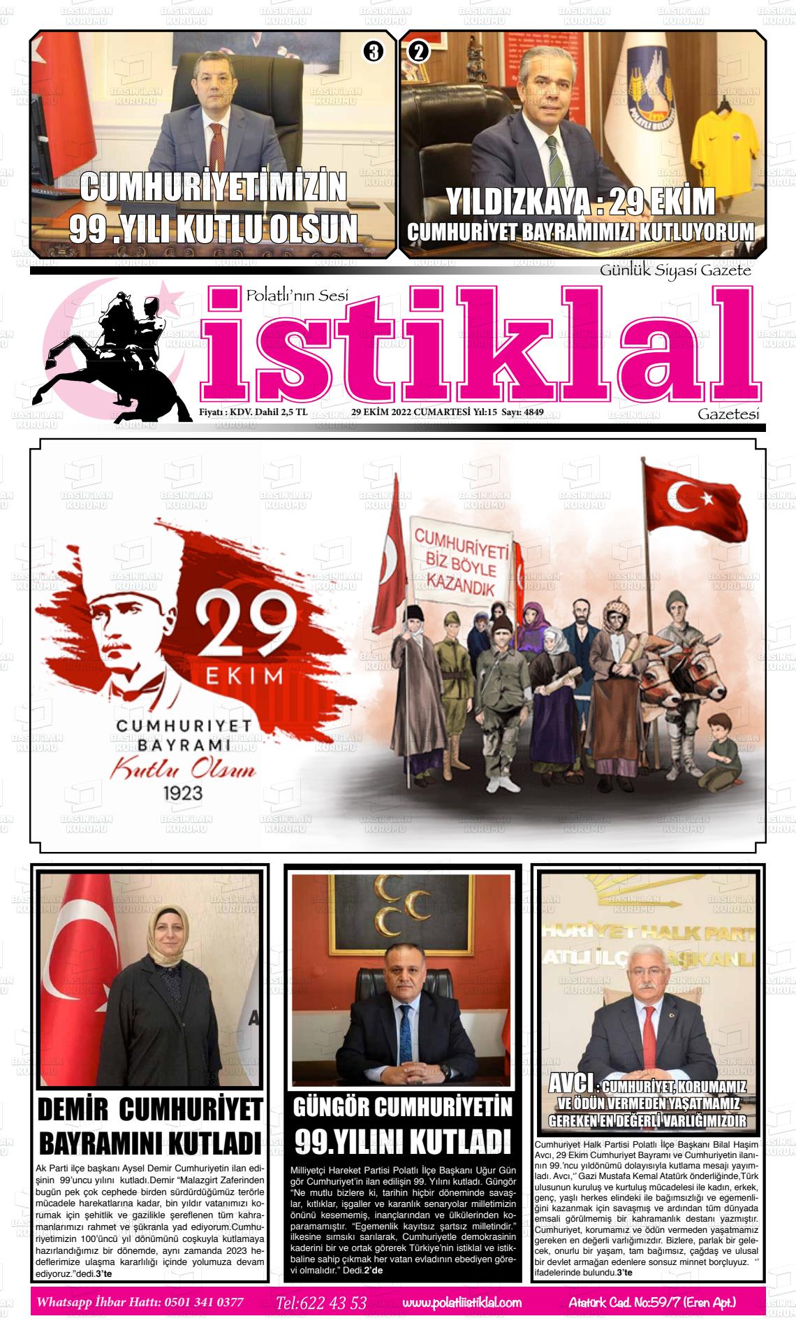 31 Ekim 2022 Polatlı İstiklal Gazete Manşeti