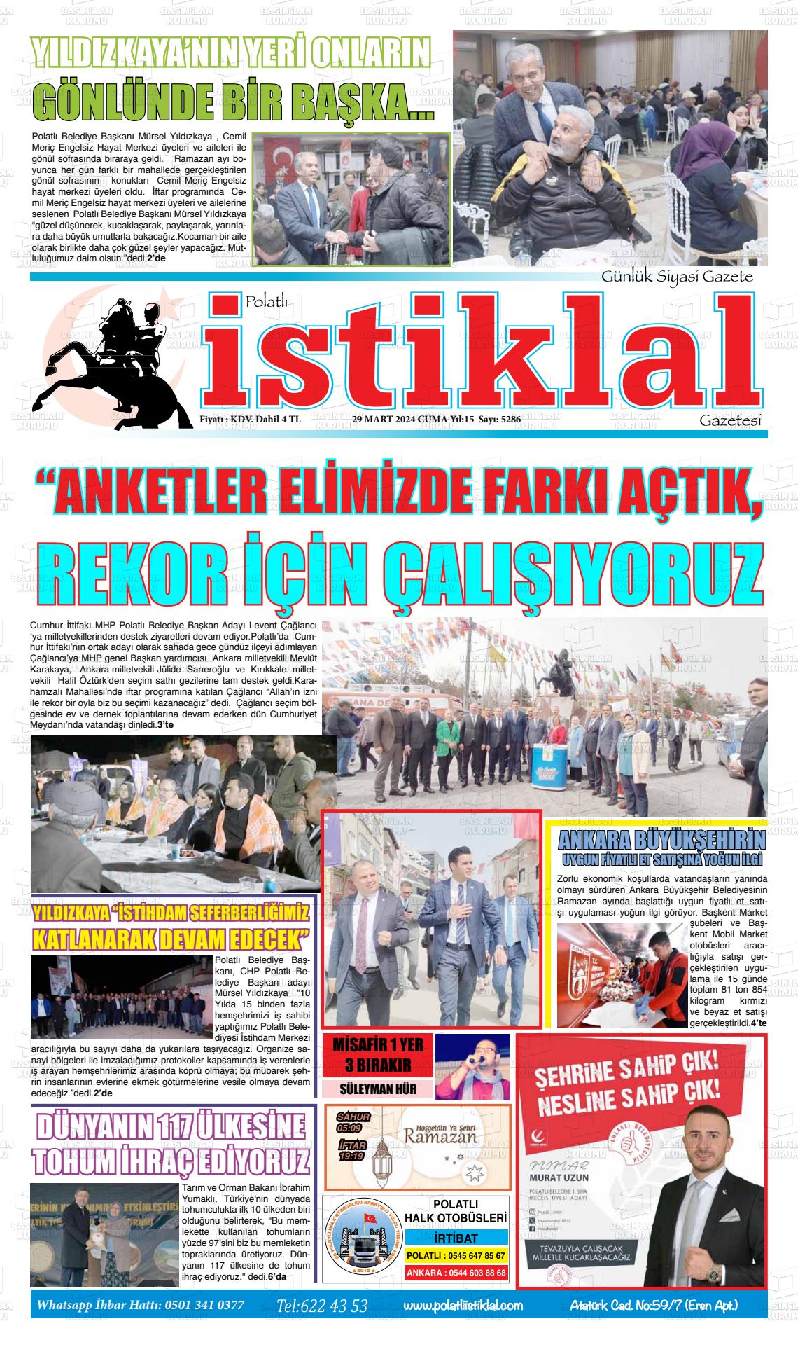 29 Mart 2024 Polatlı İstiklal Gazete Manşeti