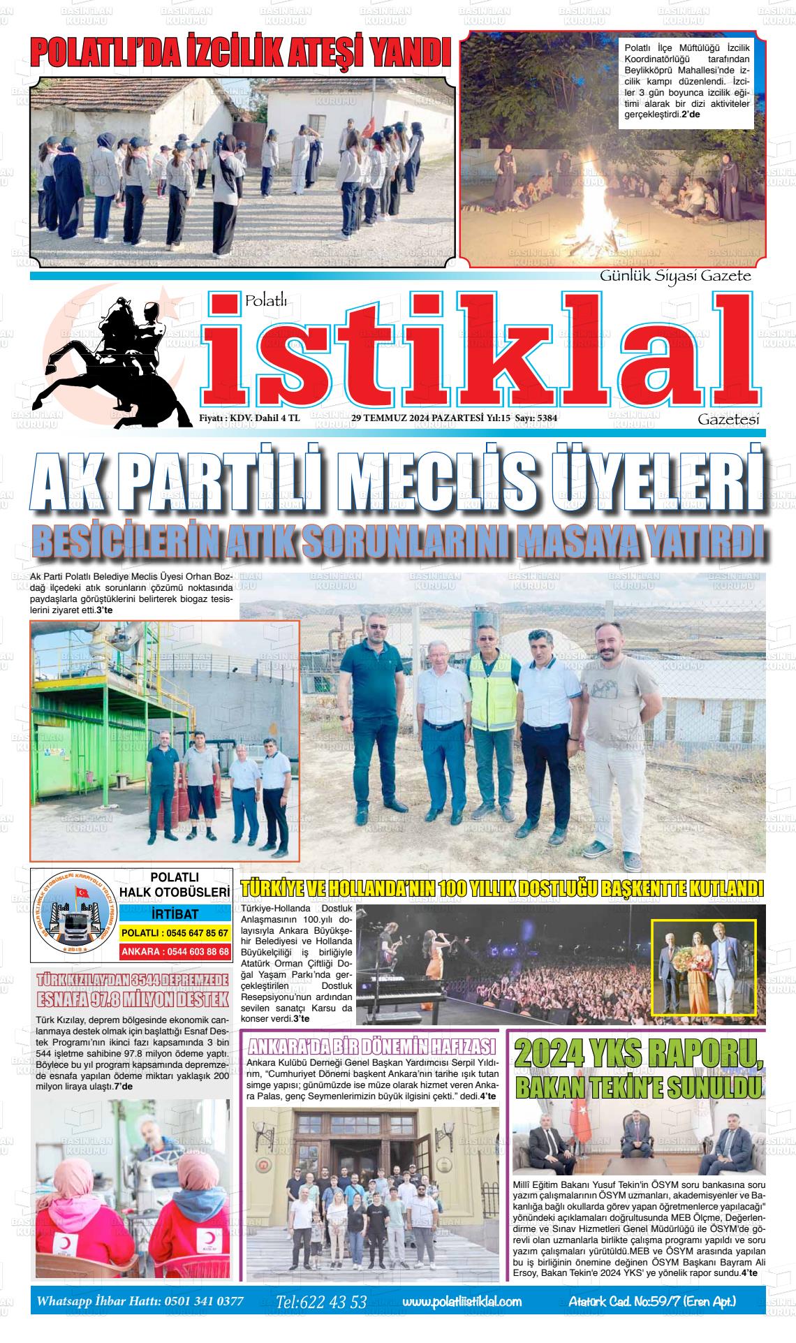 29 Temmuz 2024 Polatlı İstiklal Gazete Manşeti