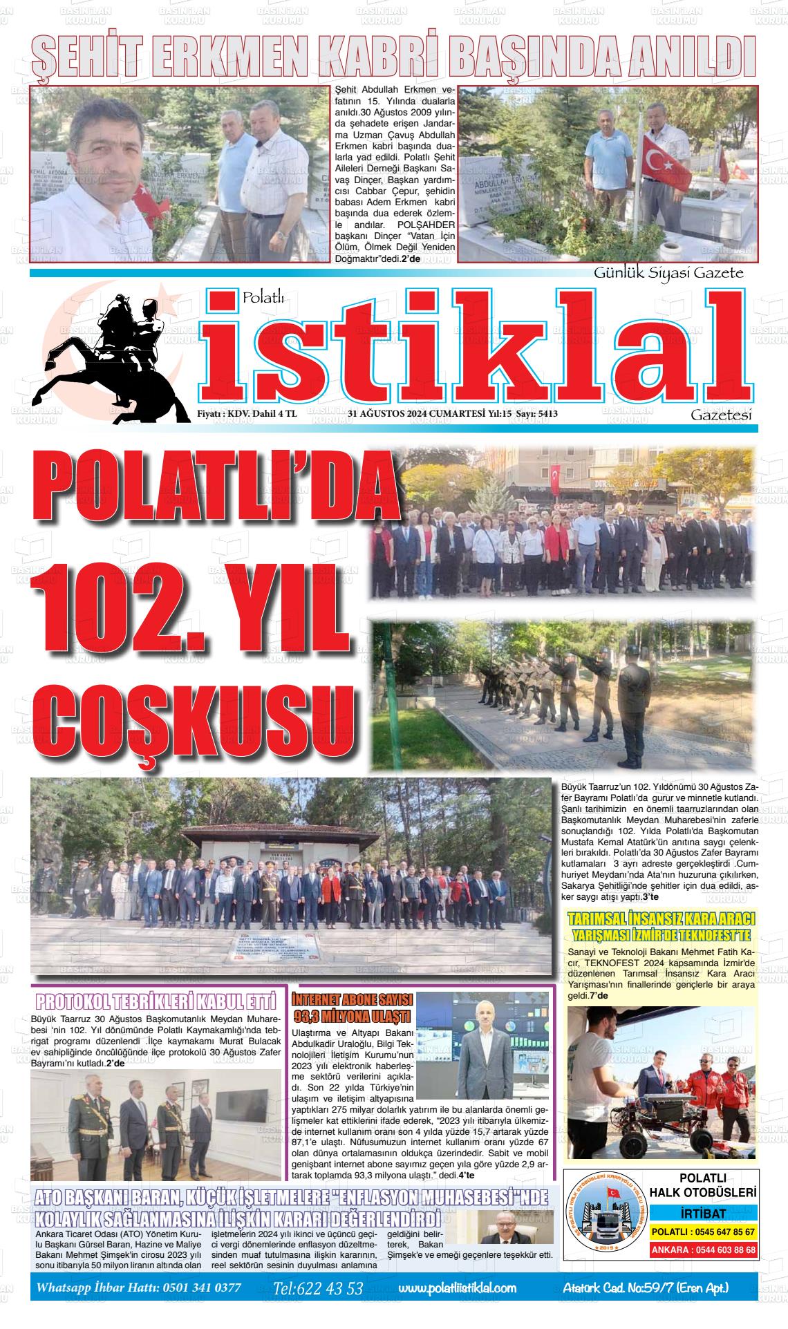 31 Ağustos 2024 Polatlı İstiklal Gazete Manşeti