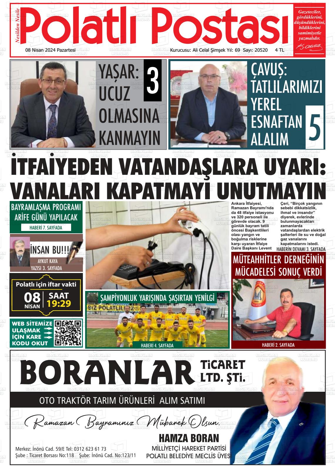 08 Nisan 2024 Polatlı Postası Gazete Manşeti