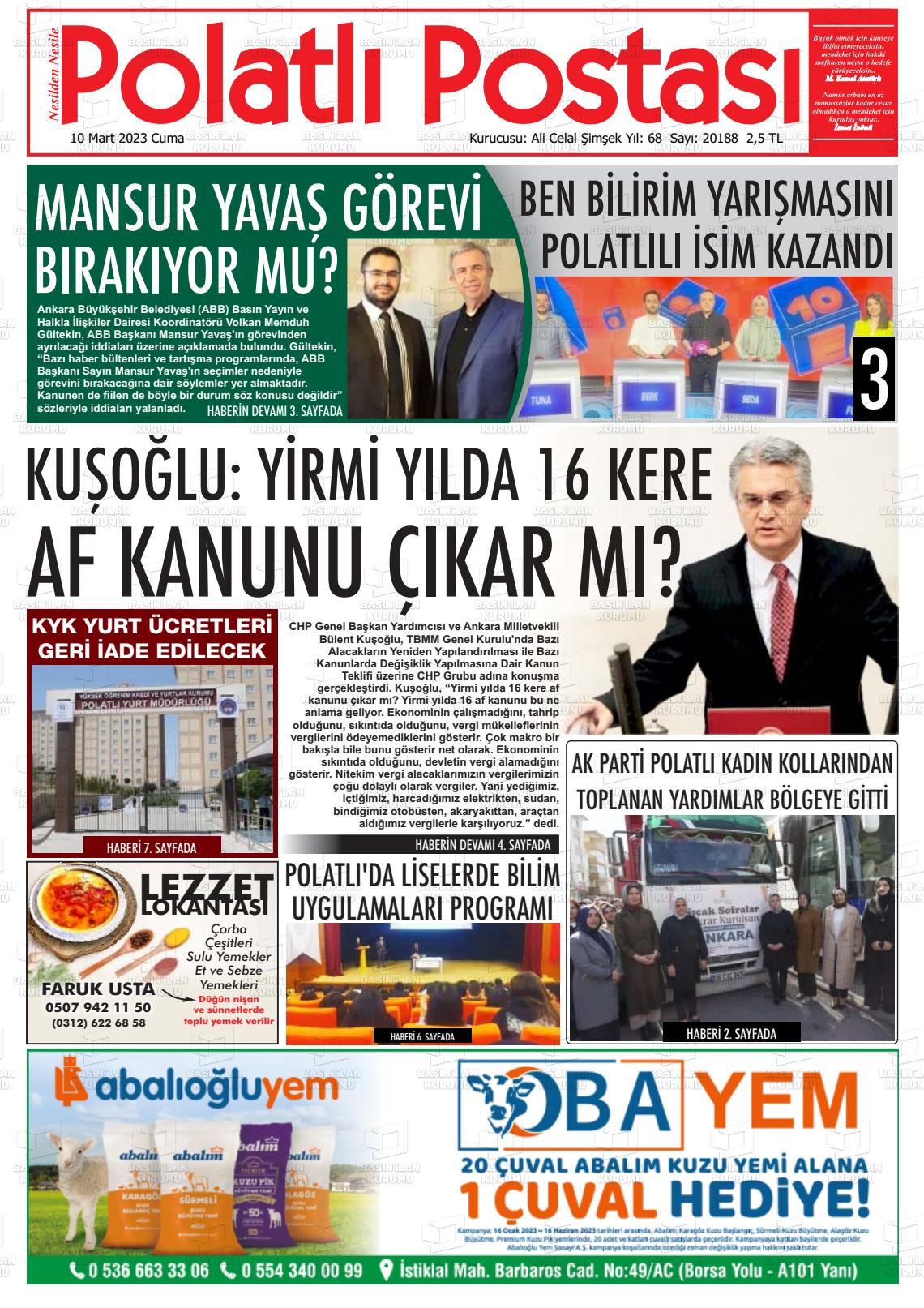 10 Mart 2023 Polatlı Postası Gazete Manşeti