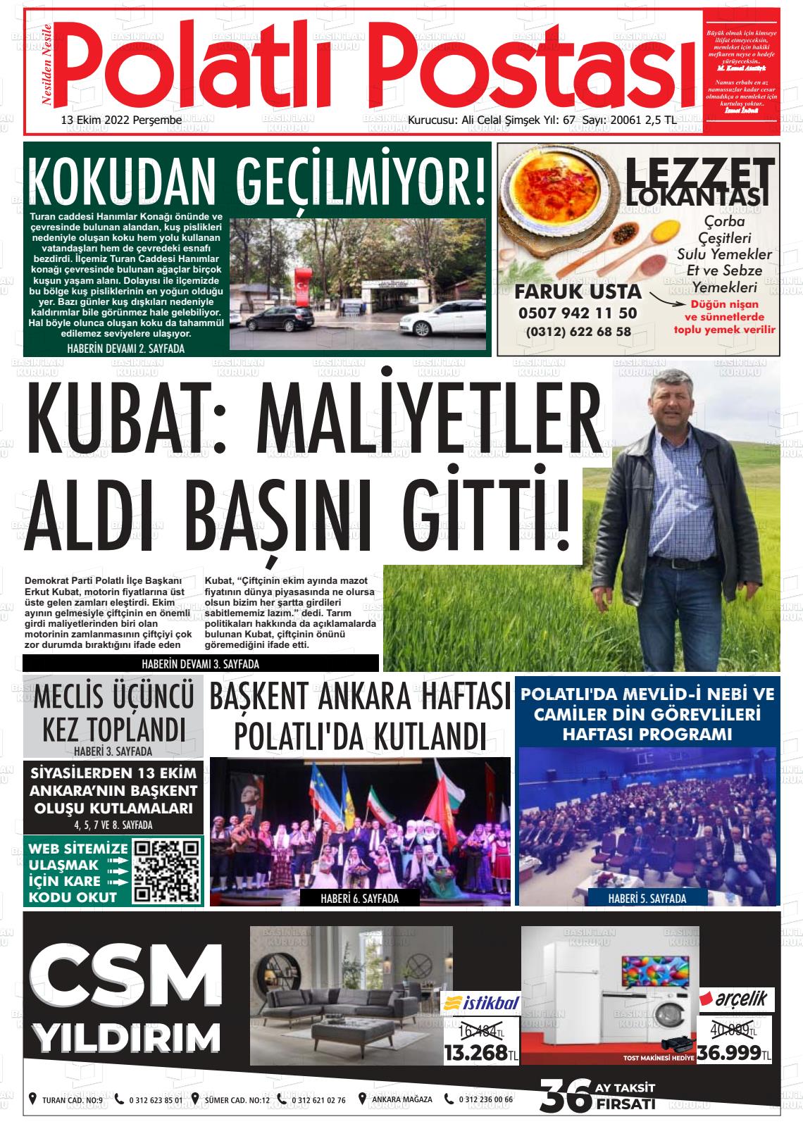 13 Ekim 2022 Polatlı Postası Gazete Manşeti