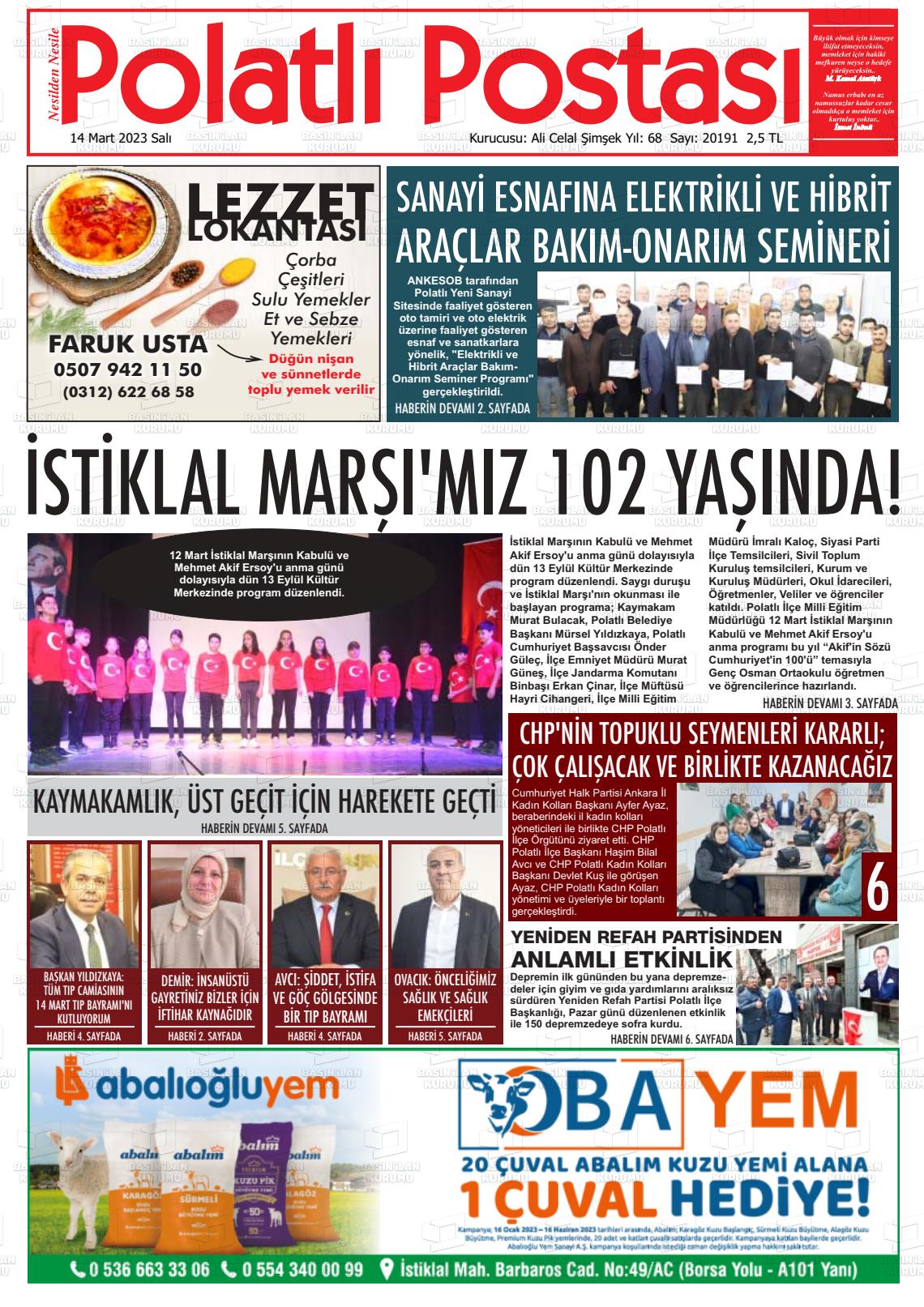 14 Mart 2023 Polatlı Postası Gazete Manşeti