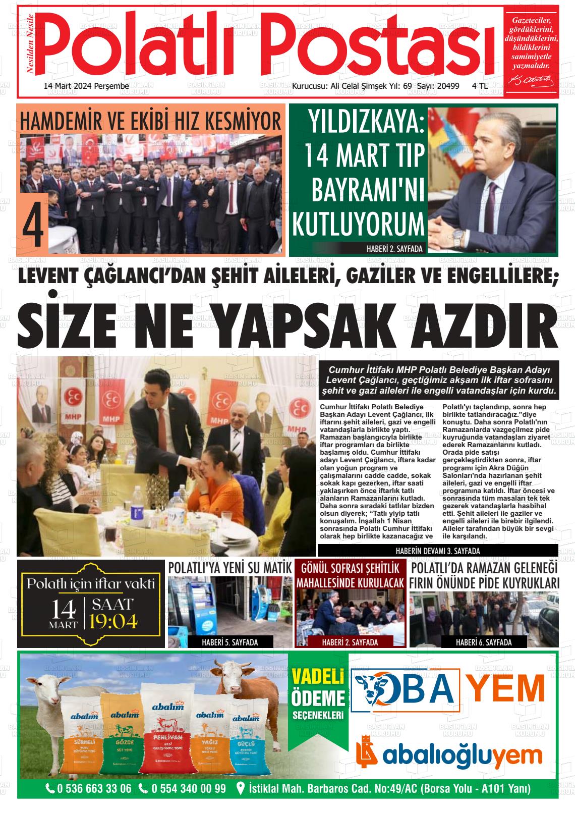 14 Mart 2024 Polatlı Postası Gazete Manşeti