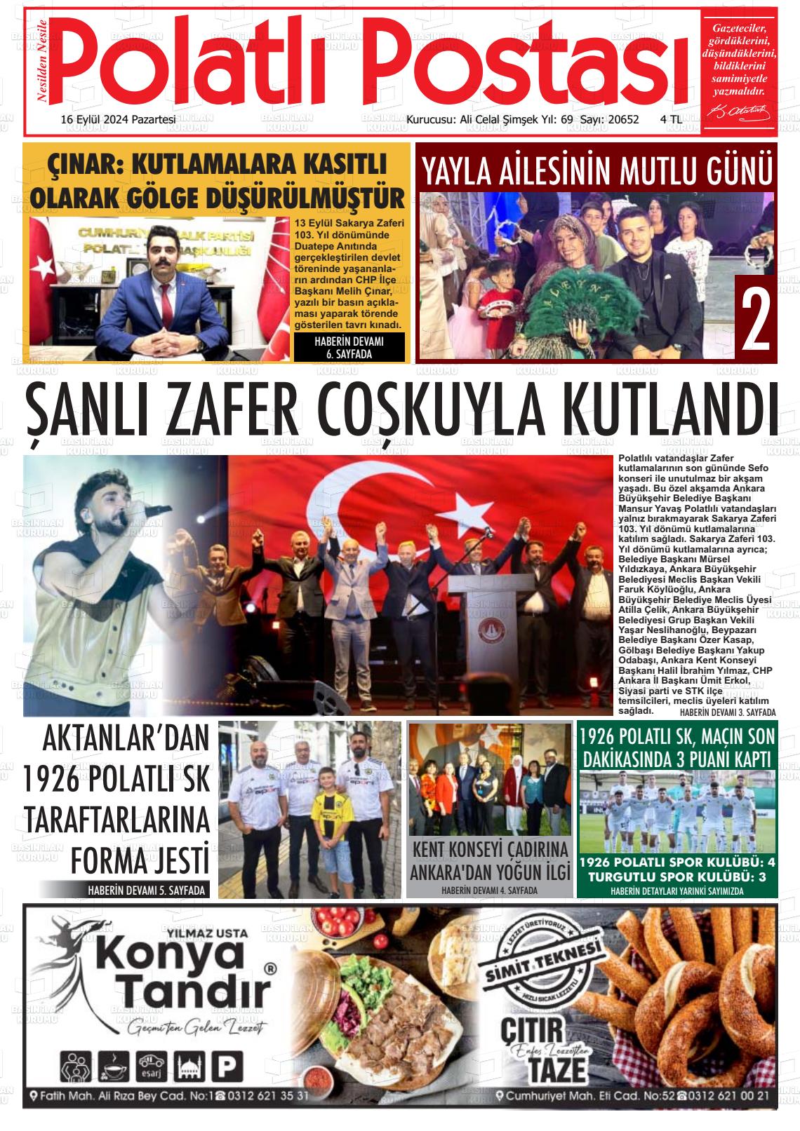 16 Eylül 2024 Polatlı Postası Gazete Manşeti