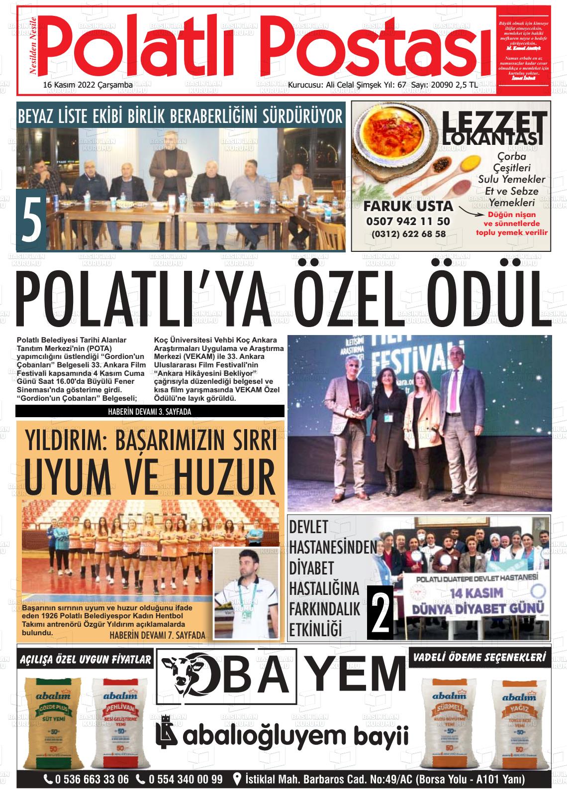 16 Kasım 2022 Polatlı Postası Gazete Manşeti