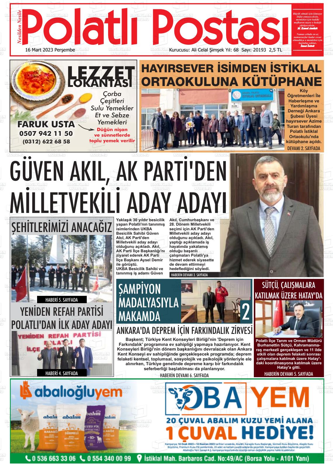 16 Mart 2023 Polatlı Postası Gazete Manşeti