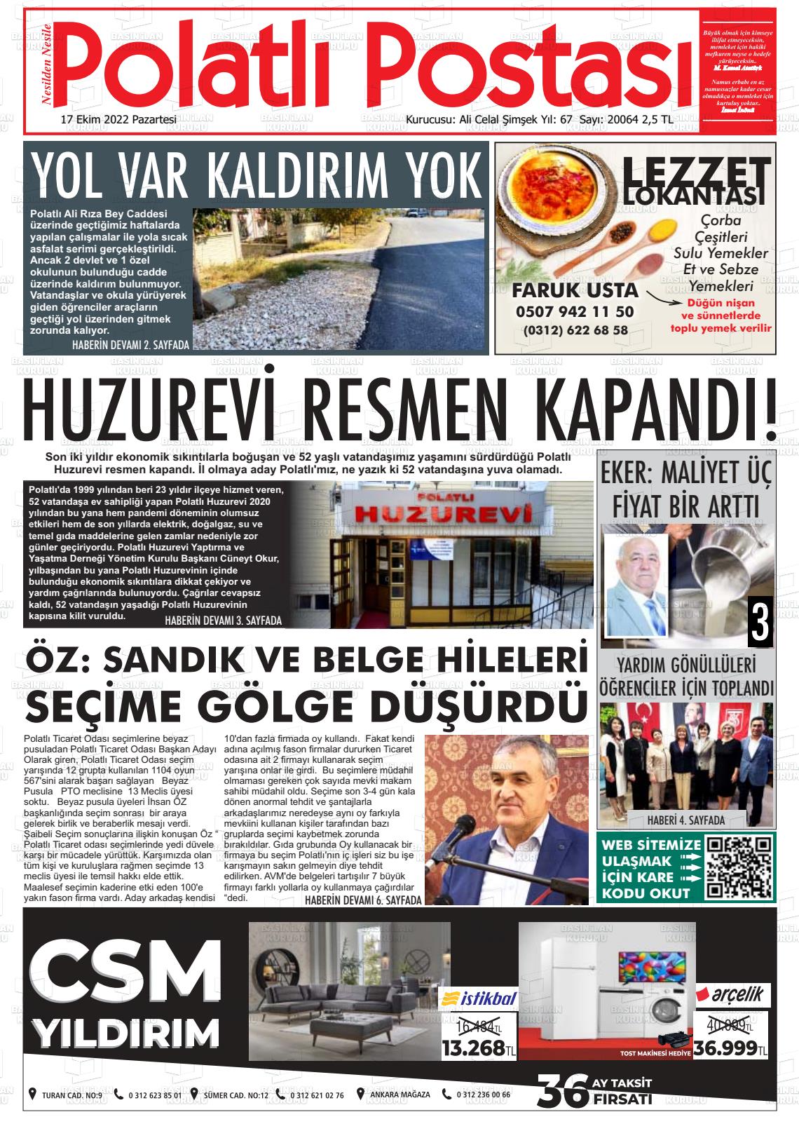 17 Ekim 2022 Polatlı Postası Gazete Manşeti