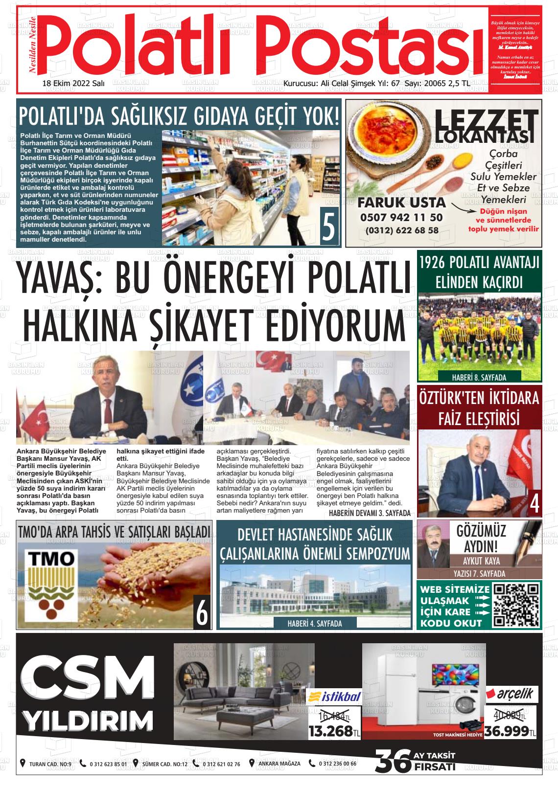 18 Ekim 2022 Polatlı Postası Gazete Manşeti