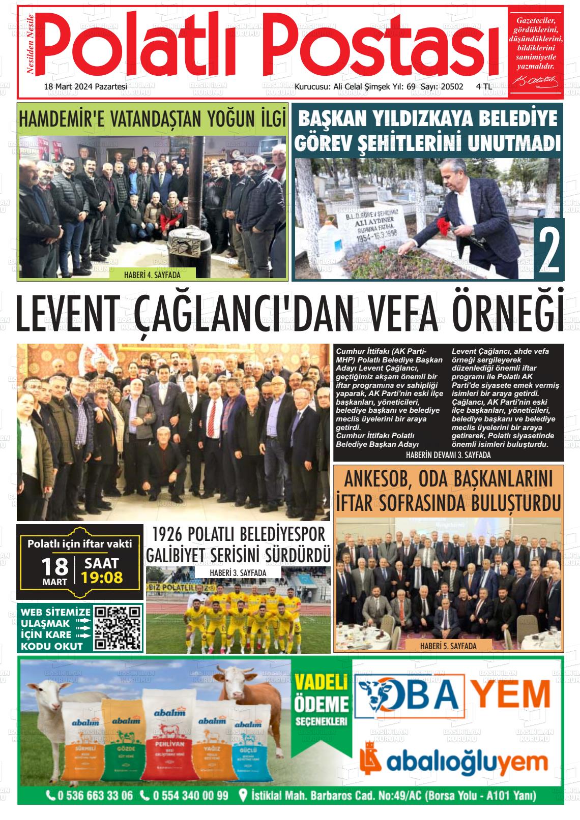 18 Mart 2024 Polatlı Postası Gazete Manşeti