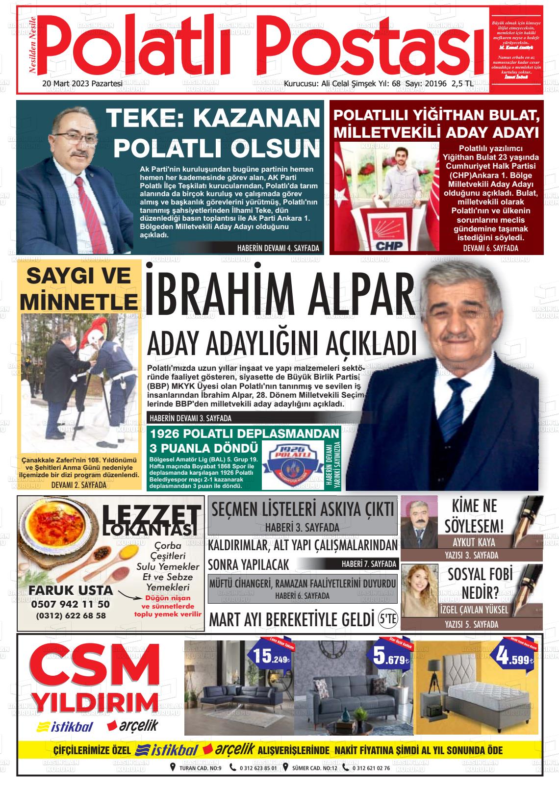 20 Mart 2023 Polatlı Postası Gazete Manşeti