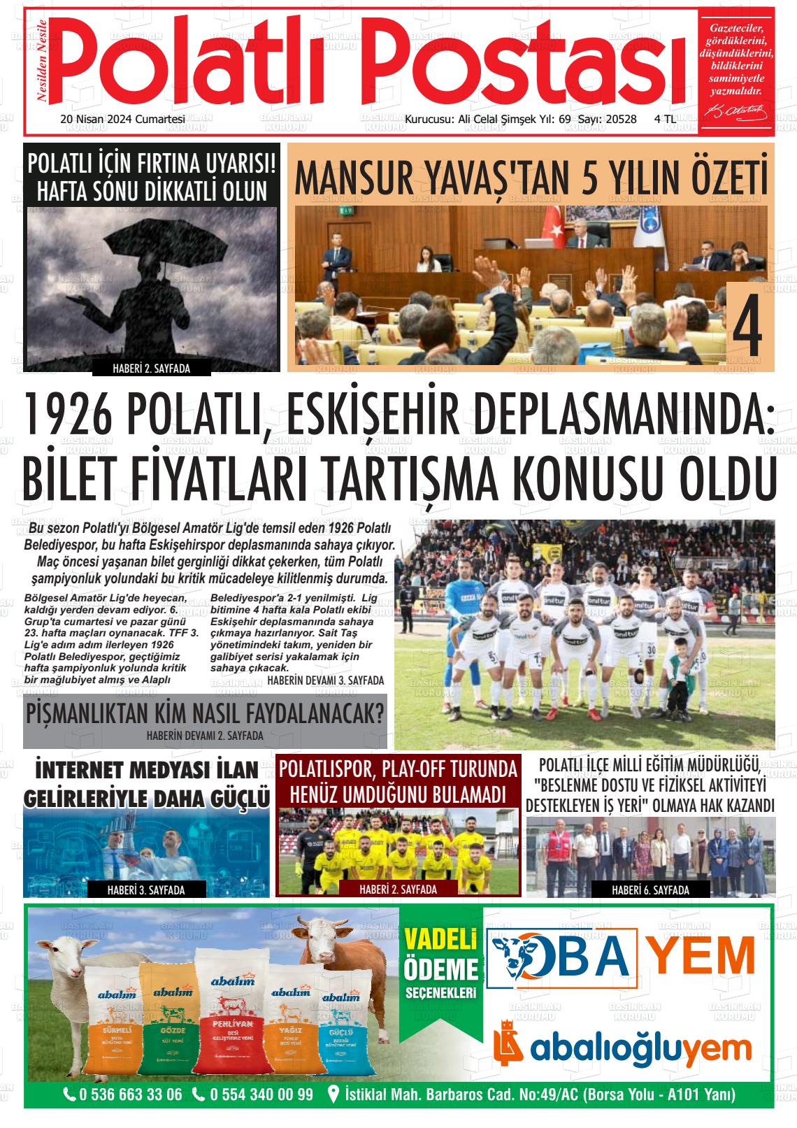 20 Nisan 2024 Polatlı Postası Gazete Manşeti