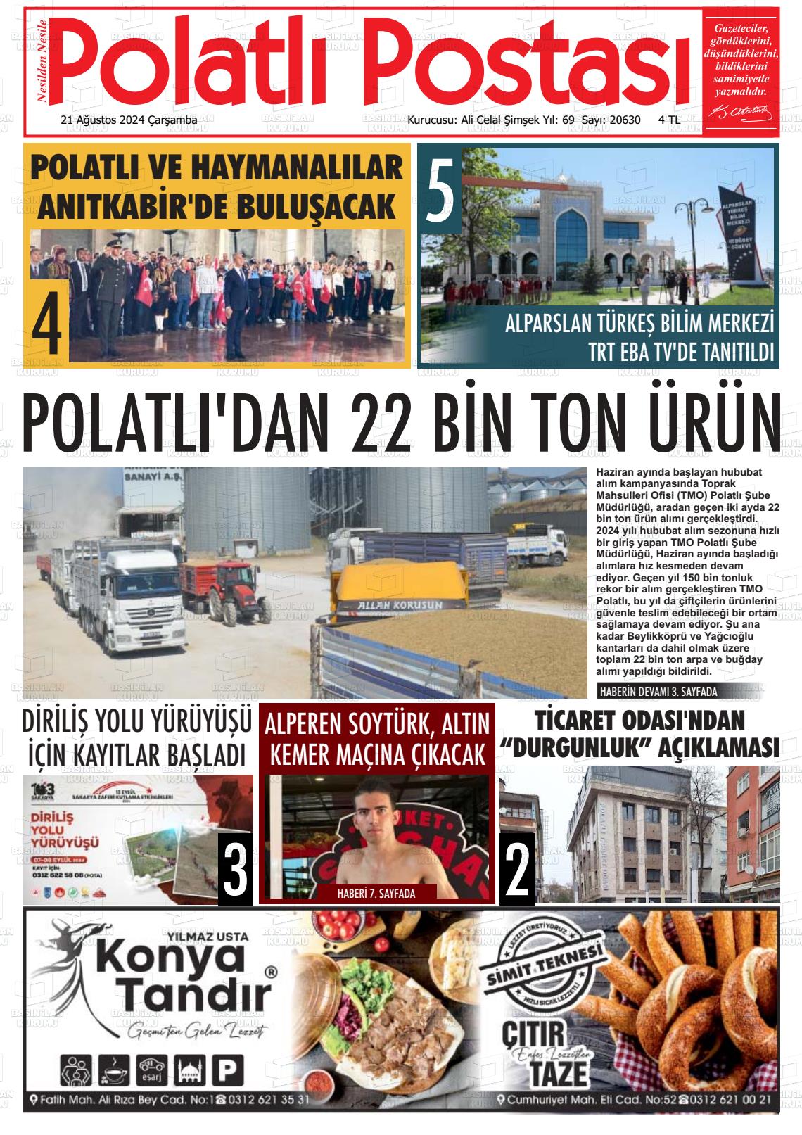 21 Ağustos 2024 Polatlı Postası Gazete Manşeti