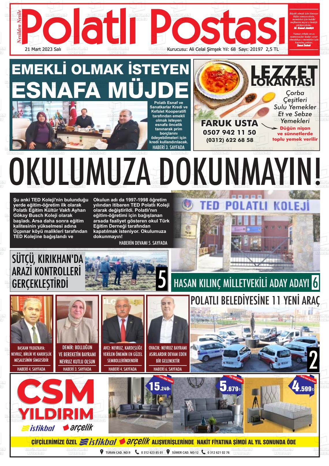 21 Mart 2023 Polatlı Postası Gazete Manşeti