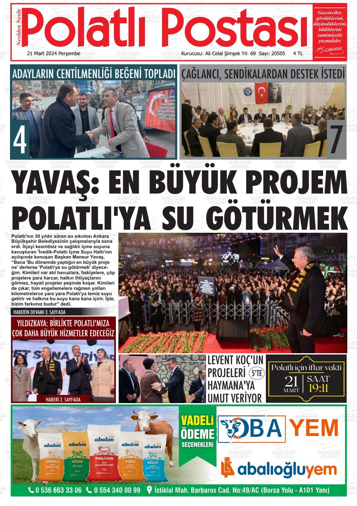 21 Mart 2024 Polatlı Postası Gazete Manşeti