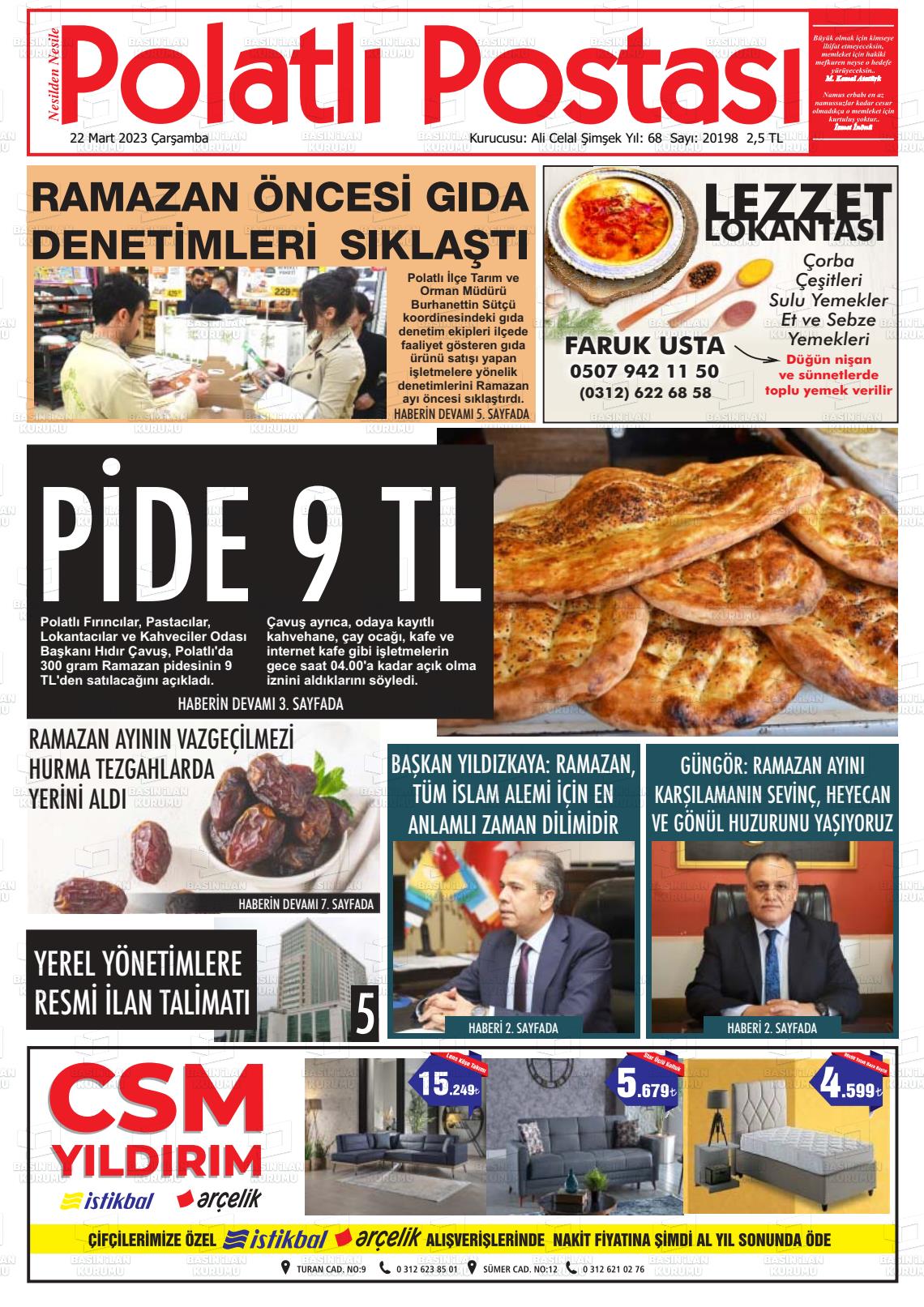 22 Mart 2023 Polatlı Postası Gazete Manşeti